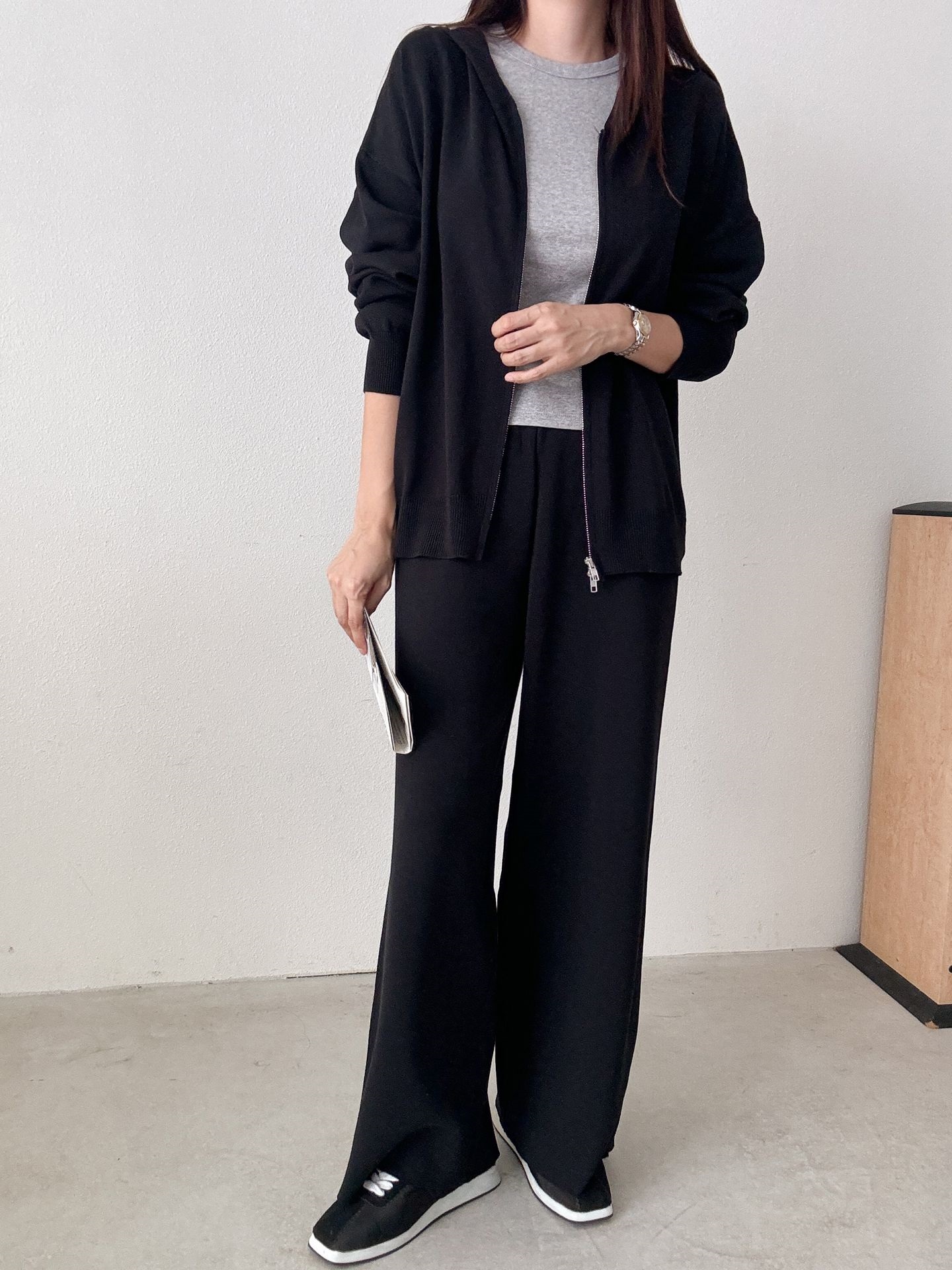 フードダブルジップウエストゴムルーズ長袖セットアップパンツカーディガン | 詳細画像28