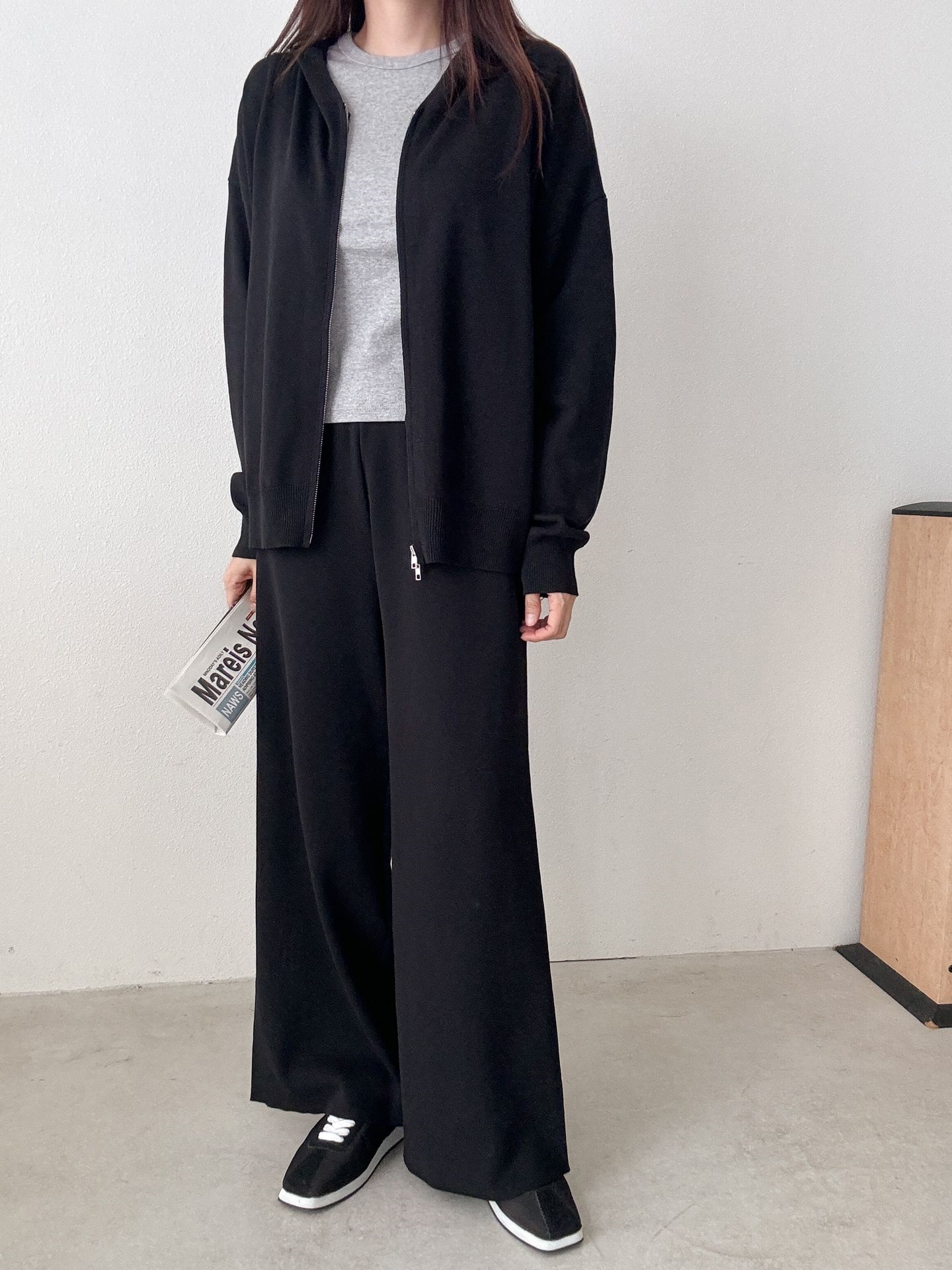 フードダブルジップウエストゴムルーズ長袖セットアップパンツカーディガン | 詳細画像29