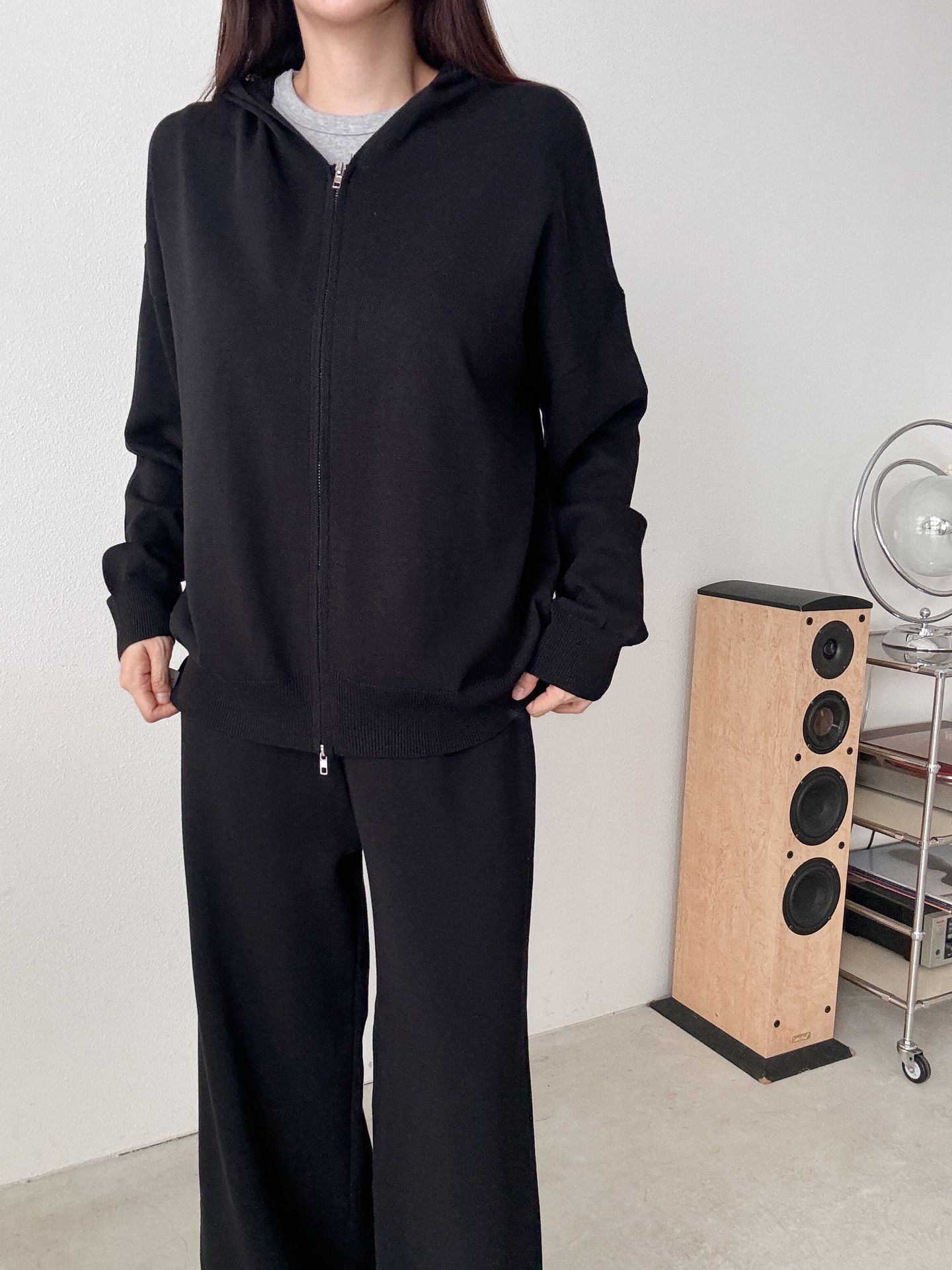 フードダブルジップウエストゴムルーズ長袖セットアップパンツカーディガン | 詳細画像30