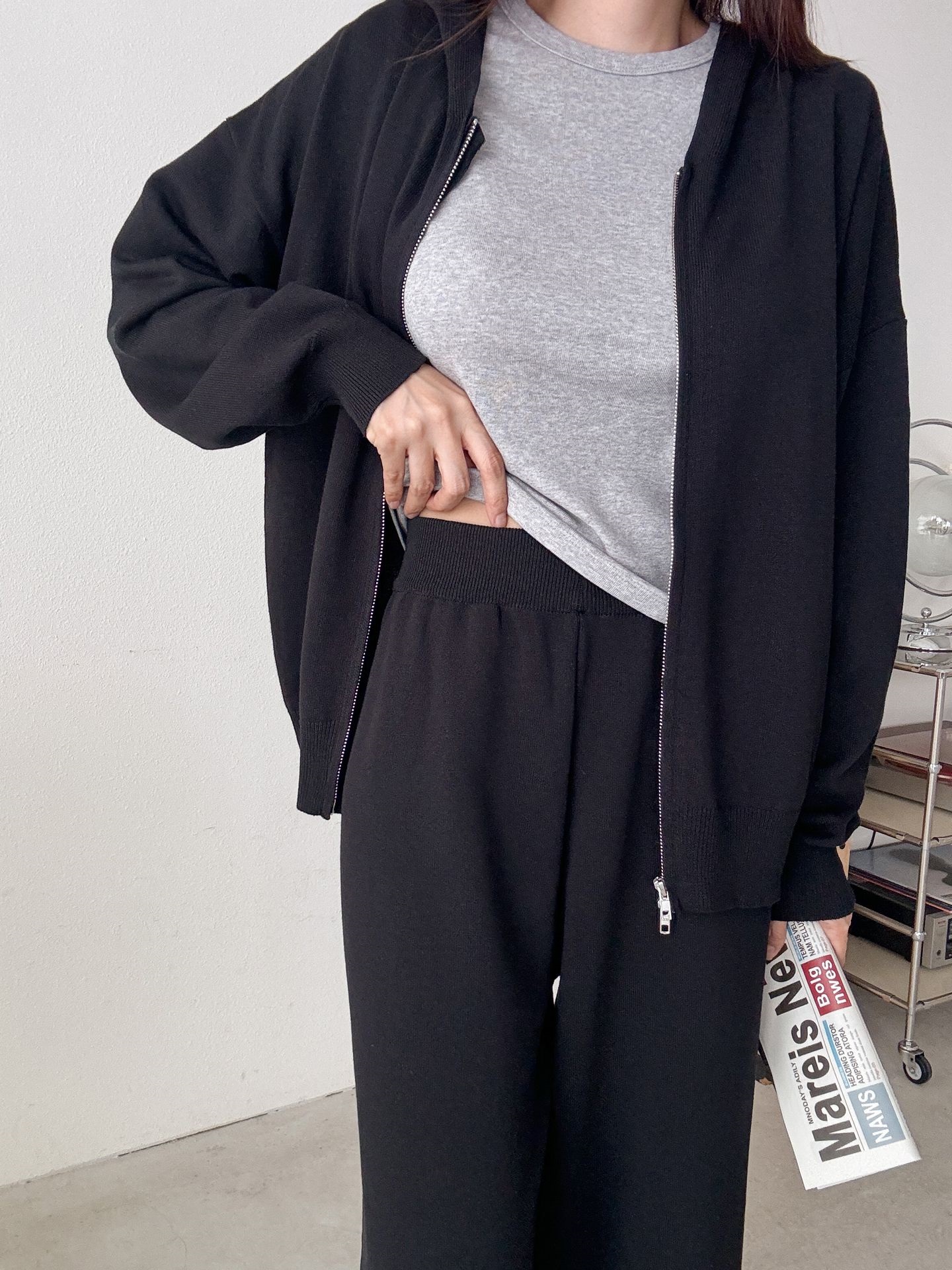 フードダブルジップウエストゴムルーズ長袖セットアップパンツカーディガン | 詳細画像31
