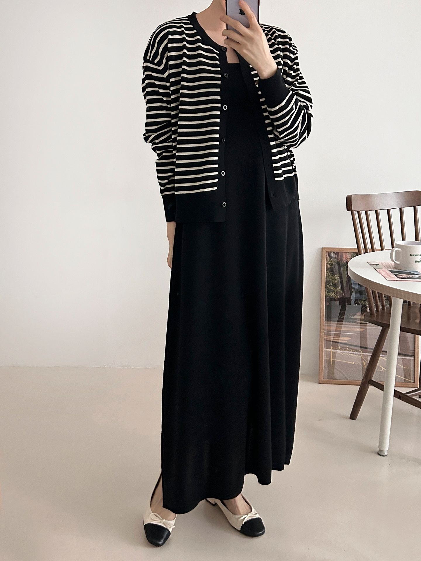 ラウンドネックロングボーダーワンピースカーディガンアンサンブル | 詳細画像3