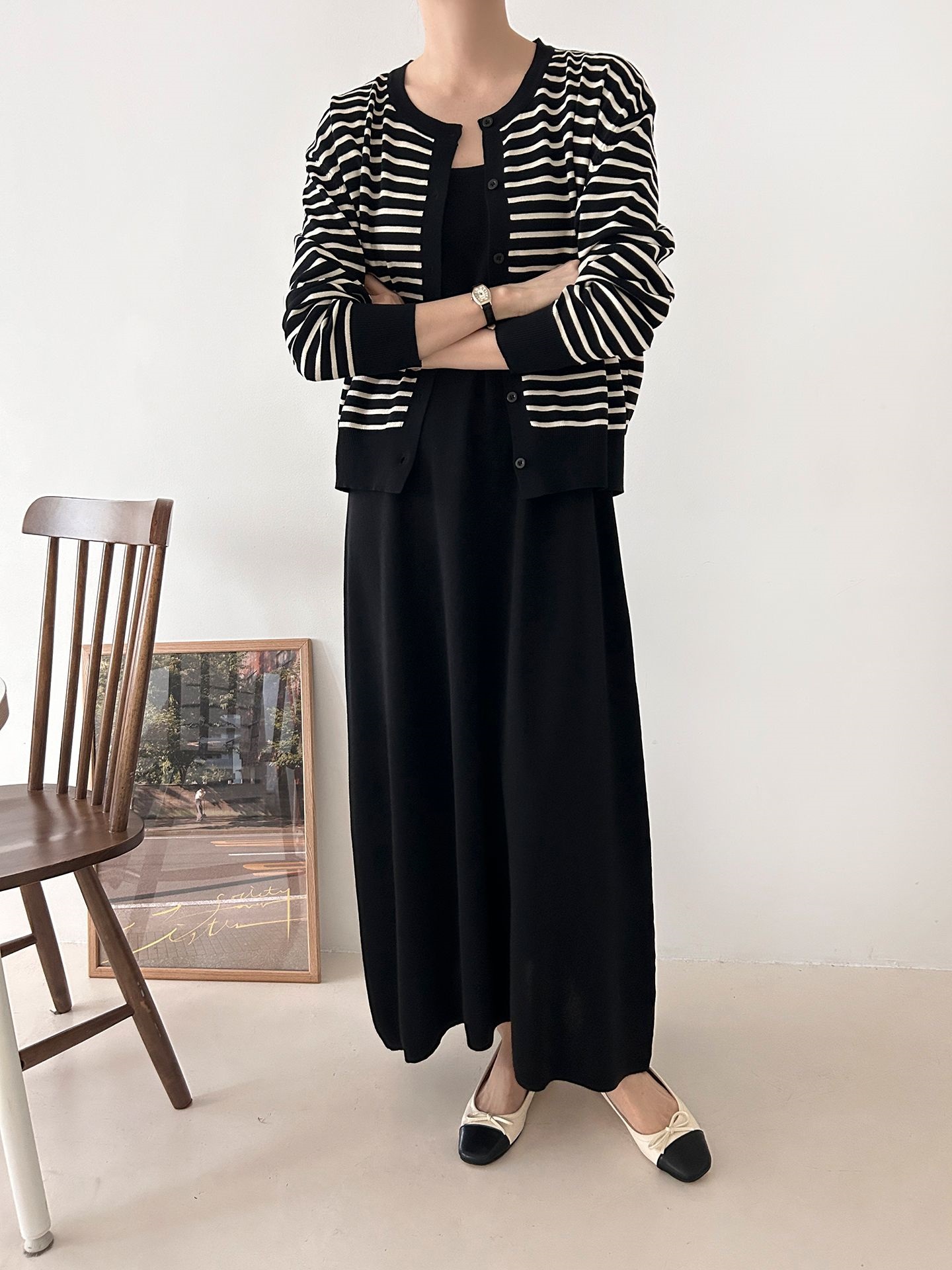 ラウンドネックロングボーダーワンピースカーディガンアンサンブル | 詳細画像4