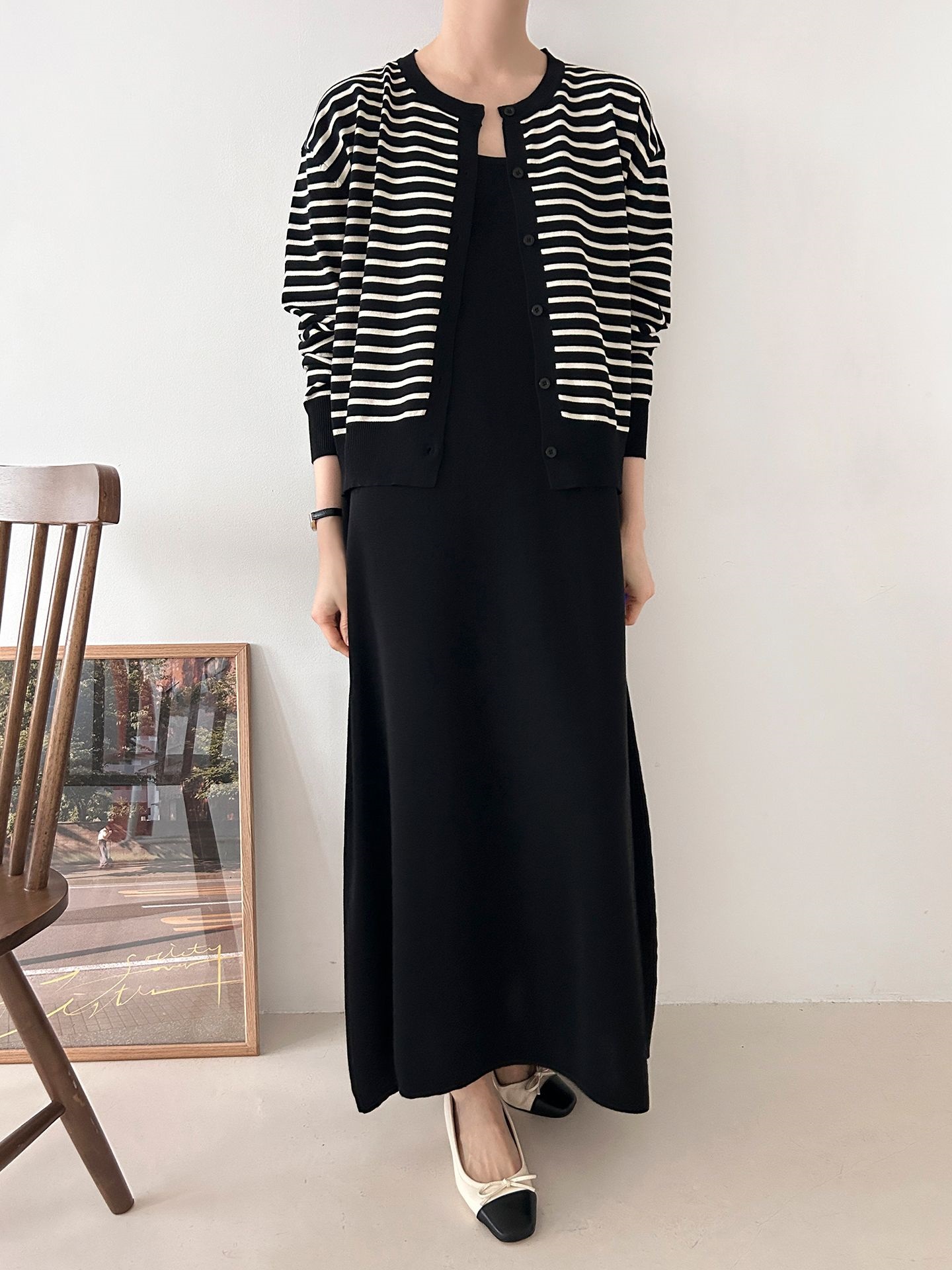 ラウンドネックロングボーダーワンピースカーディガンアンサンブル | 詳細画像5