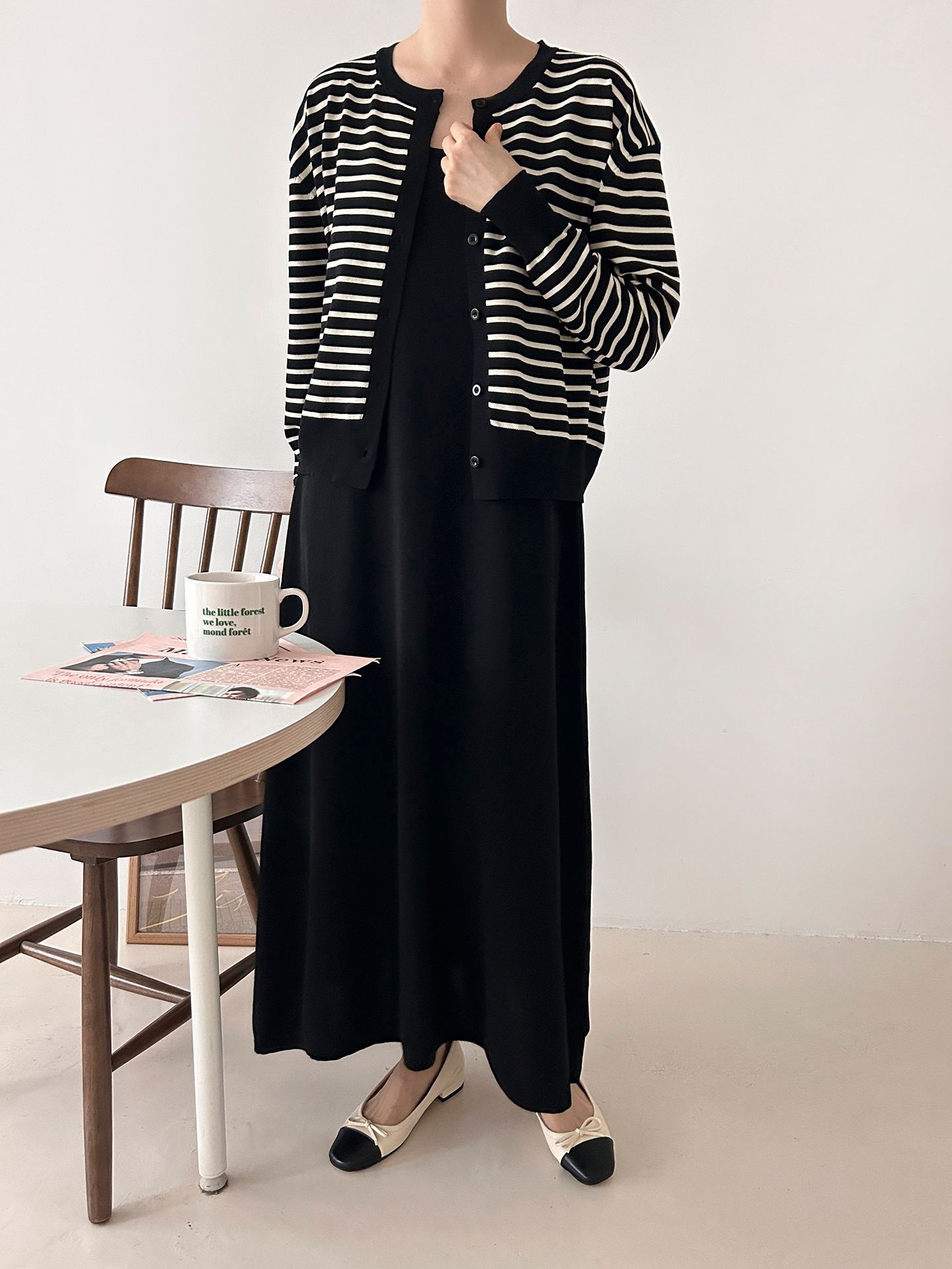 ラウンドネックロングボーダーワンピースカーディガンアンサンブル | 詳細画像7