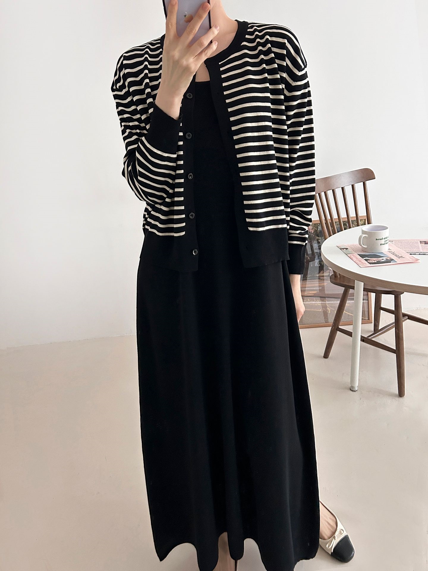 ラウンドネックロングボーダーワンピースカーディガンアンサンブル | 詳細画像6