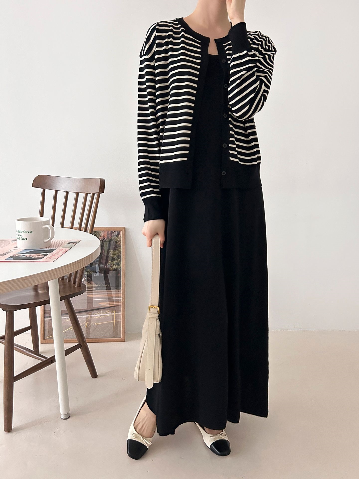 ラウンドネックロングボーダーワンピースカーディガンアンサンブル | 詳細画像10