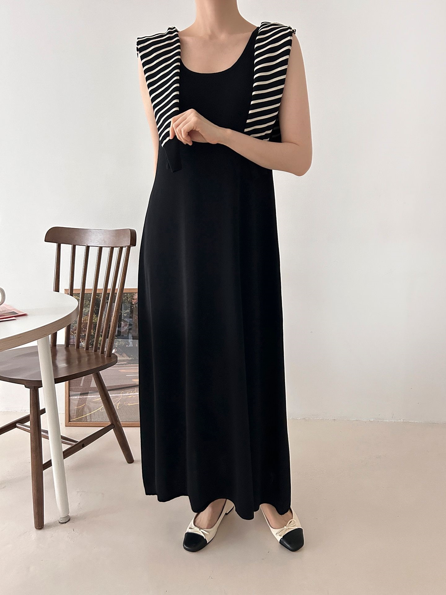 ラウンドネックロングボーダーワンピースカーディガンアンサンブル | 詳細画像12