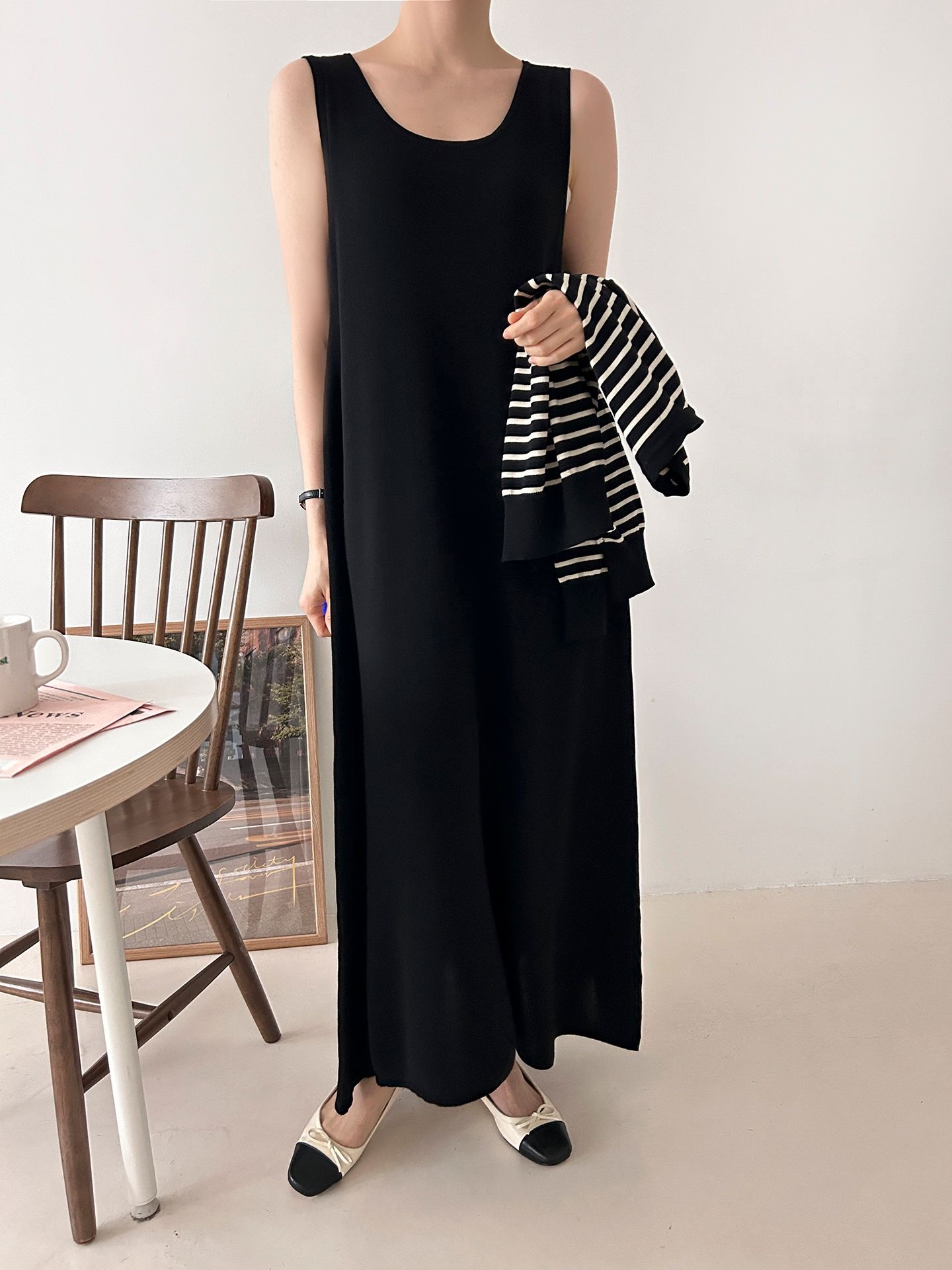 ラウンドネックロングボーダーワンピースカーディガンアンサンブル | 詳細画像13