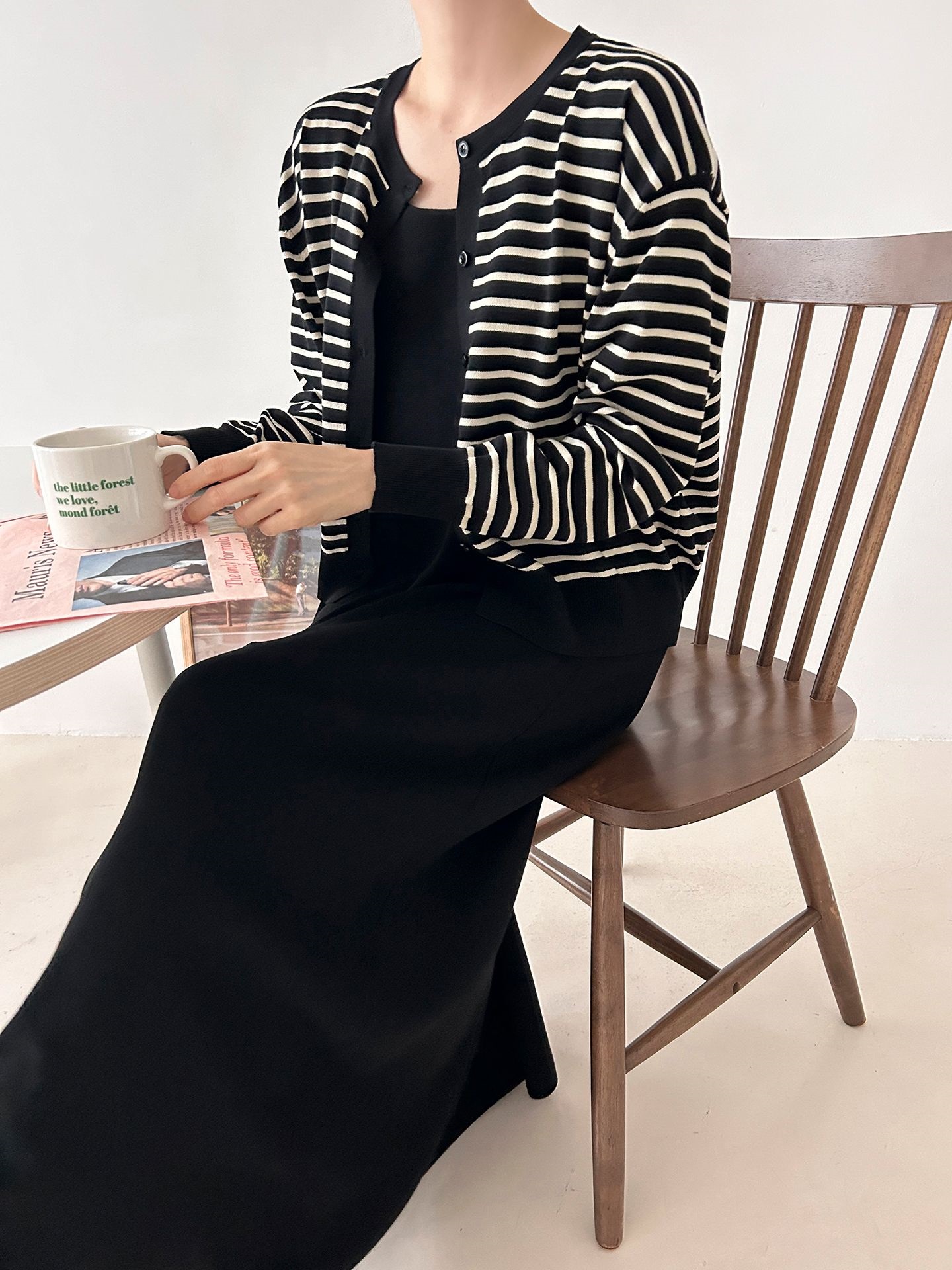 ラウンドネックロングボーダーワンピースカーディガンアンサンブル | 詳細画像14