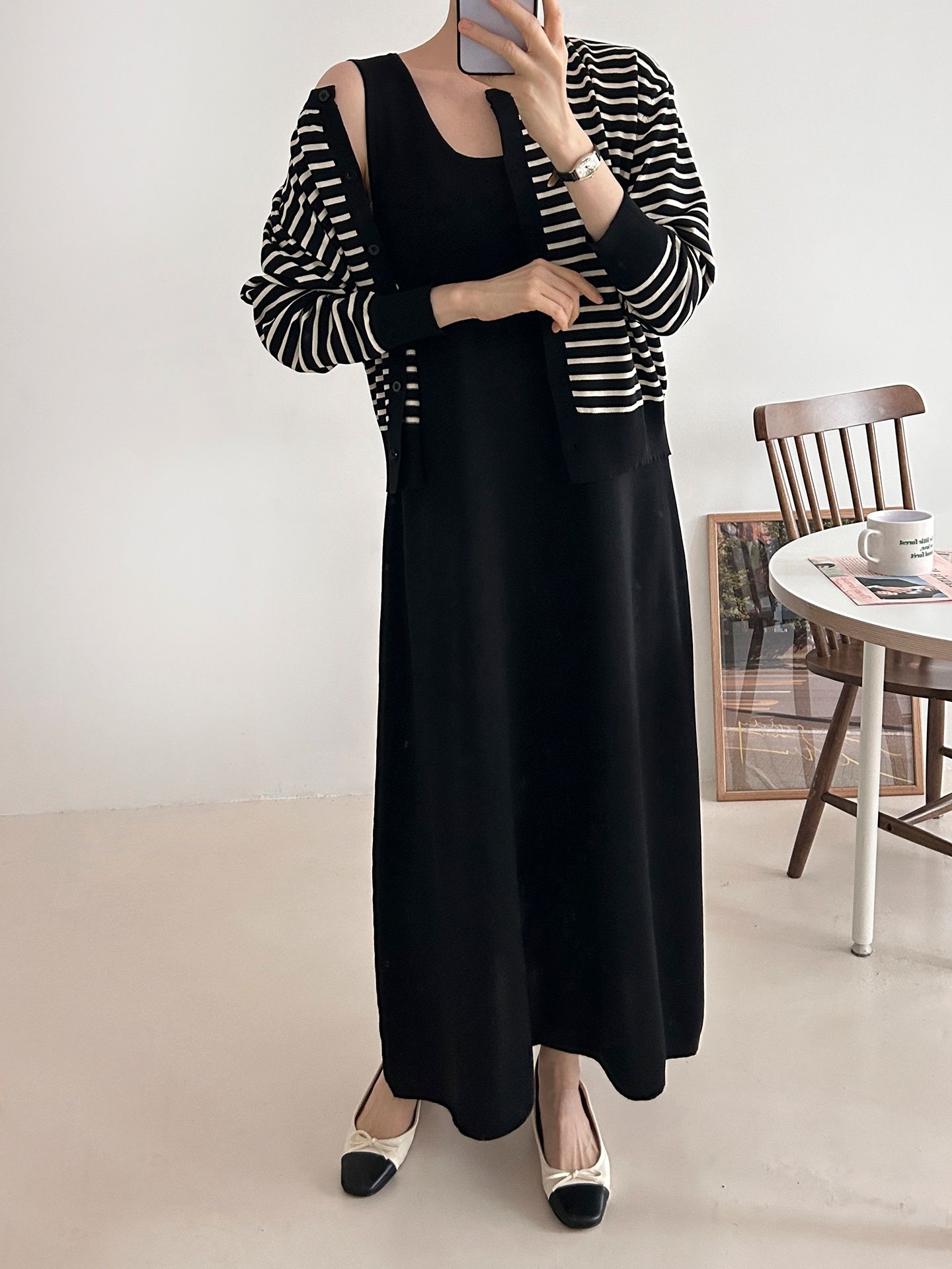 ラウンドネックロングボーダーワンピースカーディガンアンサンブル | 詳細画像15
