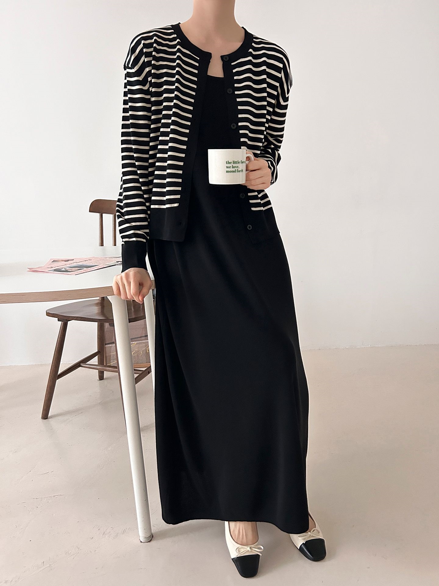 ラウンドネックロングボーダーワンピースカーディガンアンサンブル | 詳細画像16