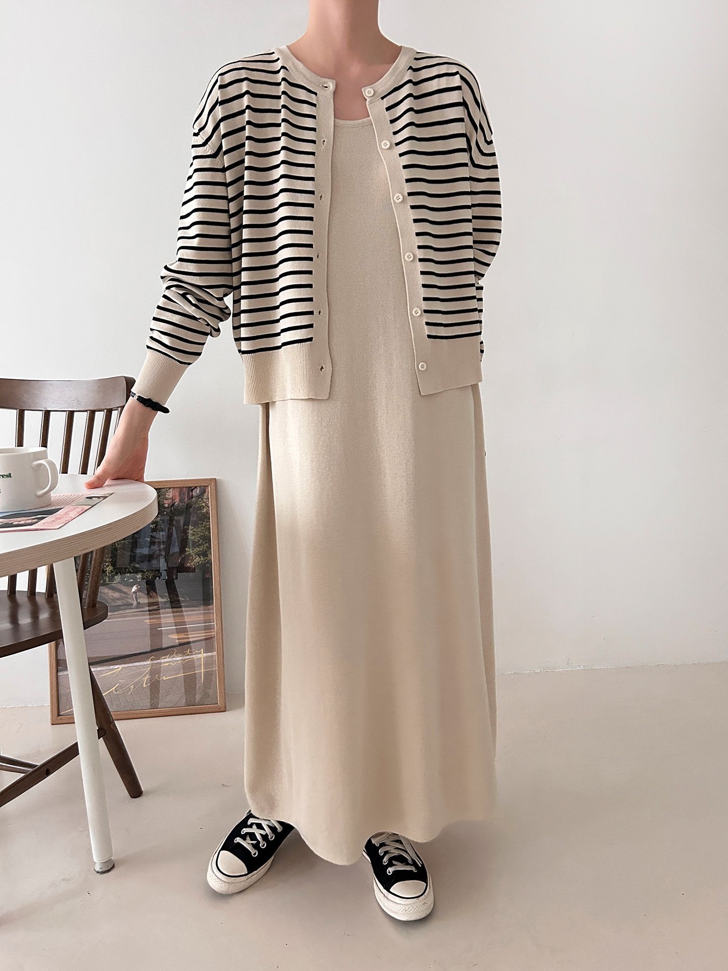 ラウンドネックロングボーダーワンピースカーディガンアンサンブル | 詳細画像18