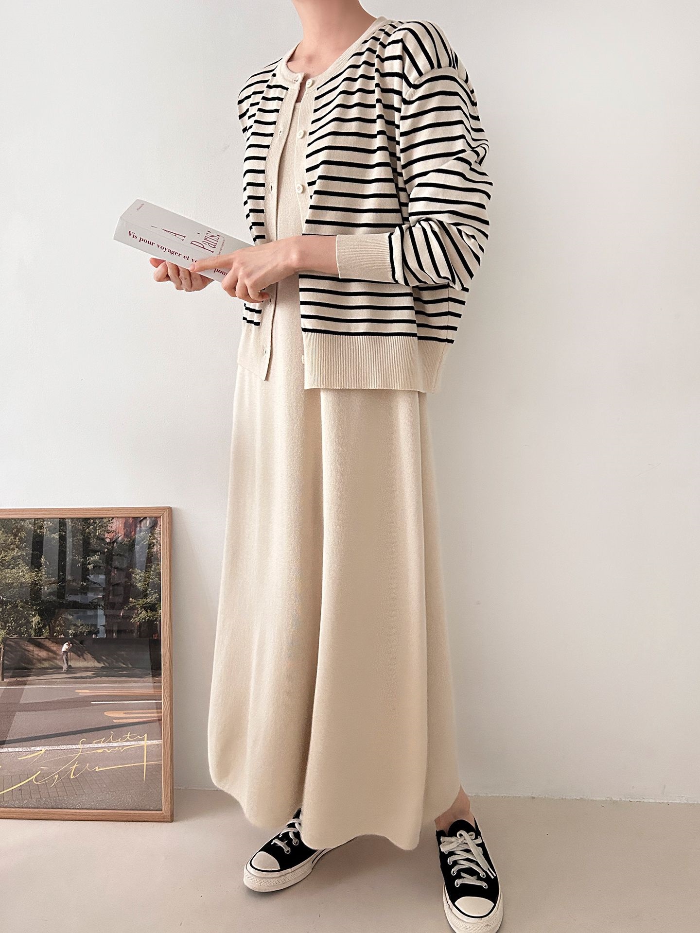 ラウンドネックロングボーダーワンピースカーディガンアンサンブル | 詳細画像20