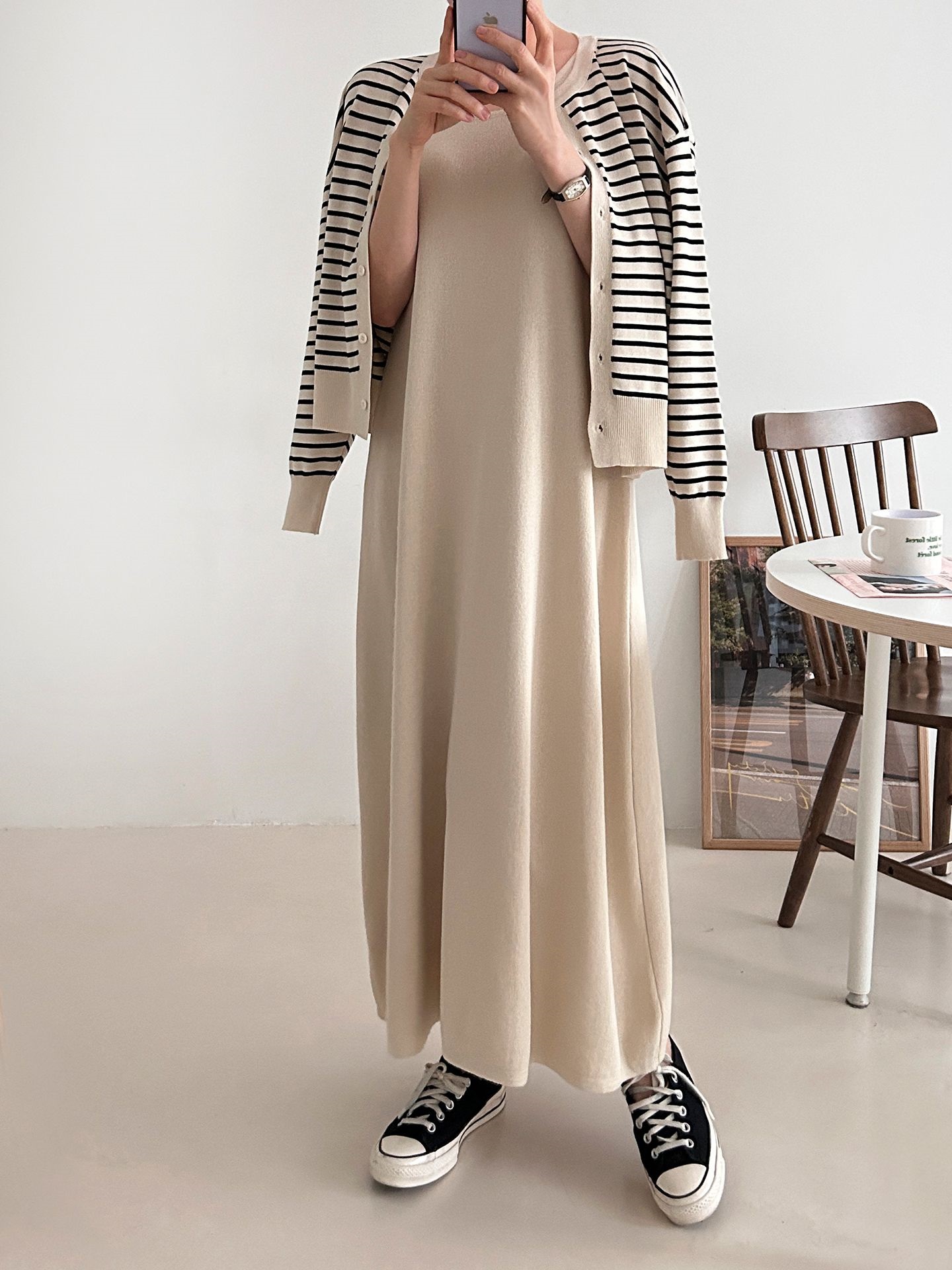 ラウンドネックロングボーダーワンピースカーディガンアンサンブル | 詳細画像22