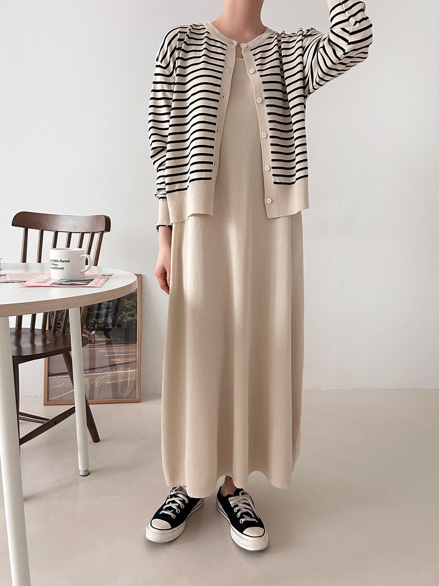 ラウンドネックロングボーダーワンピースカーディガンアンサンブル | 詳細画像24