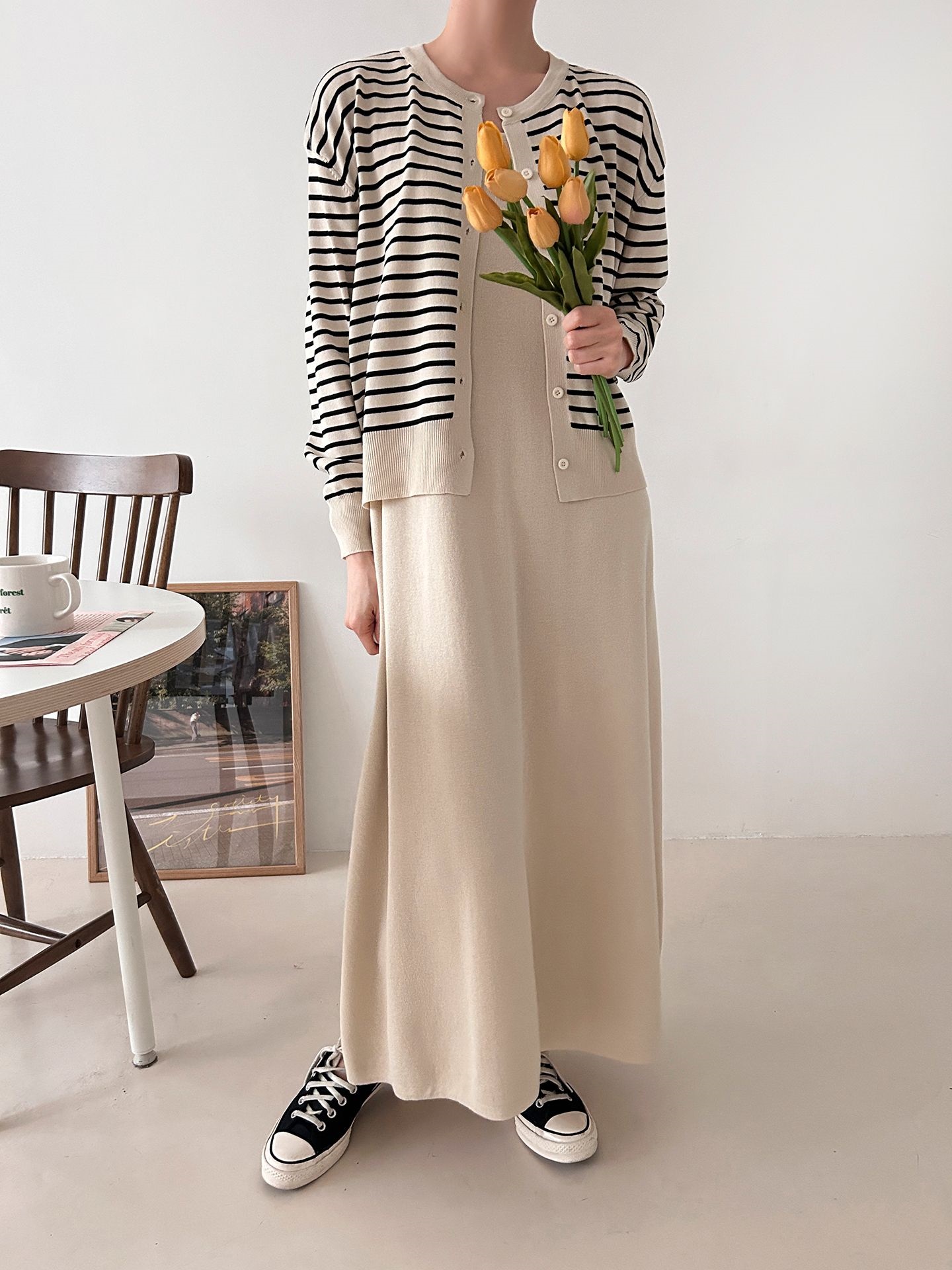 ラウンドネックロングボーダーワンピースカーディガンアンサンブル | 詳細画像25