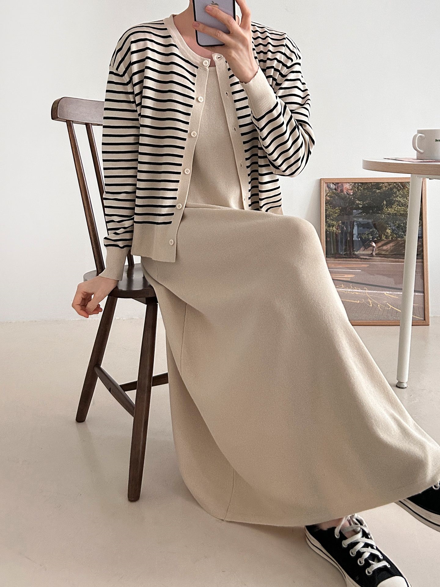 ラウンドネックロングボーダーワンピースカーディガンアンサンブル | 詳細画像27