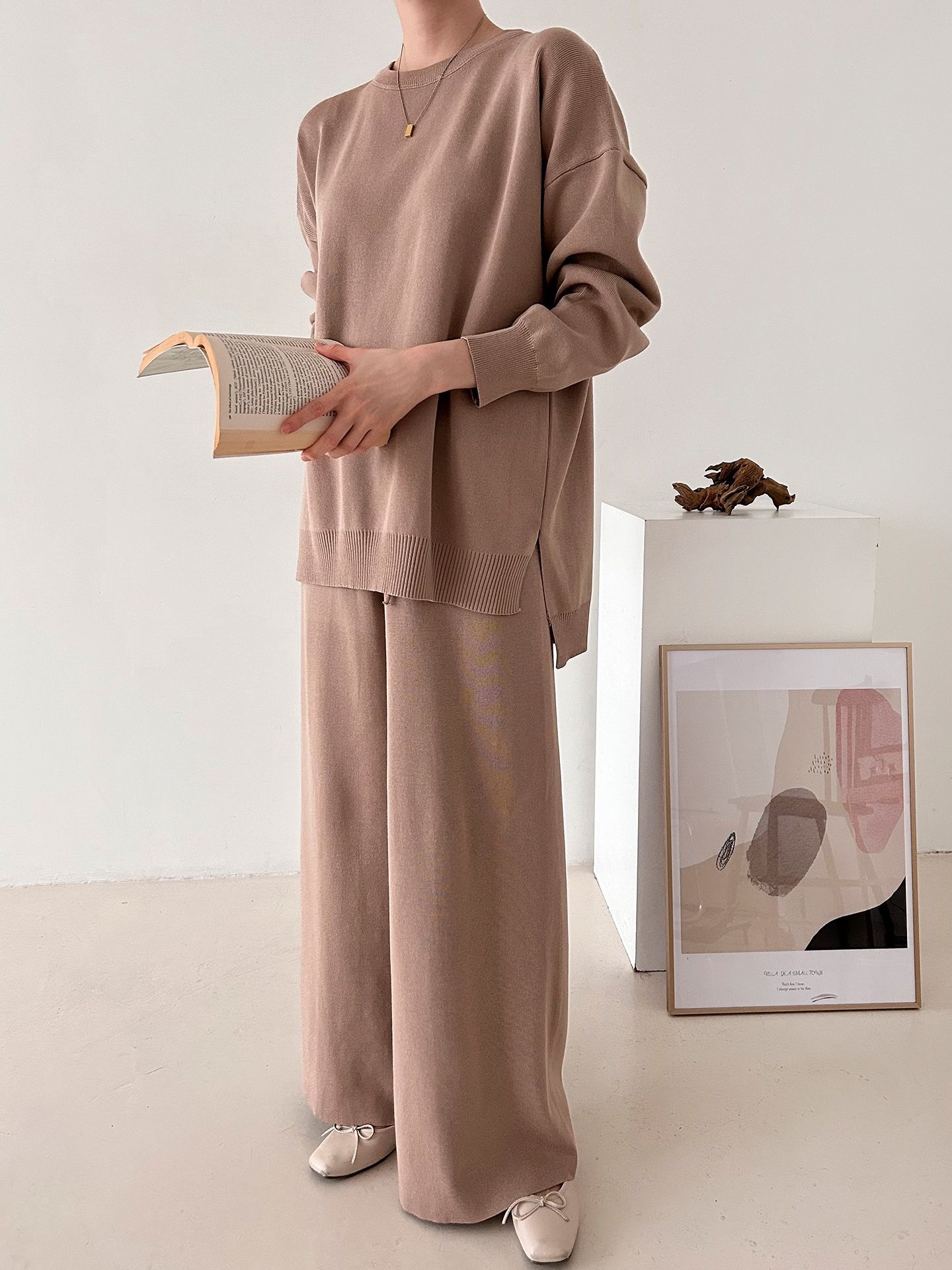 ラウンドネックドローストリングスリットウエストゴムルーズセットアップパンツニット | 詳細画像7