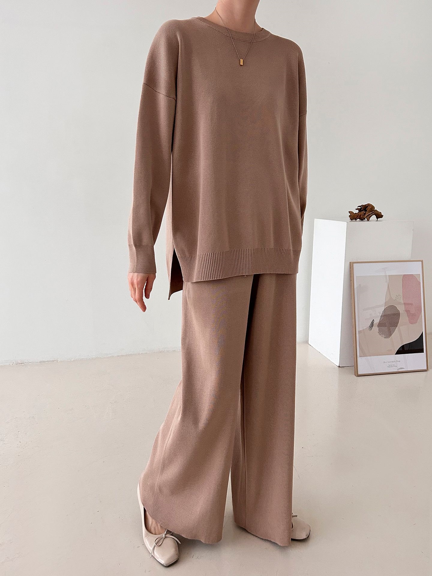 ラウンドネックドローストリングスリットウエストゴムルーズセットアップパンツニット | 詳細画像3