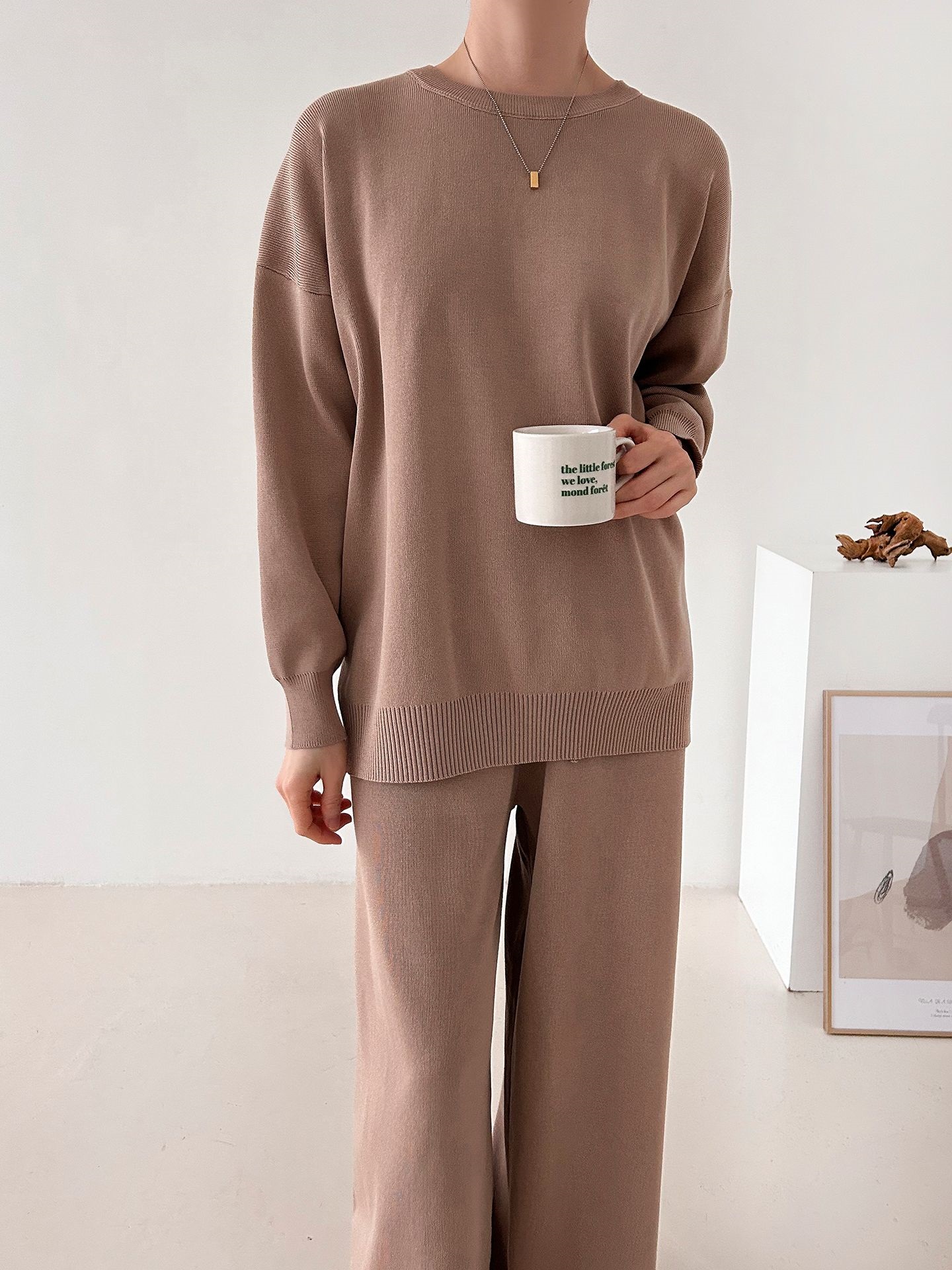 ラウンドネックドローストリングスリットウエストゴムルーズセットアップパンツニット | 詳細画像4