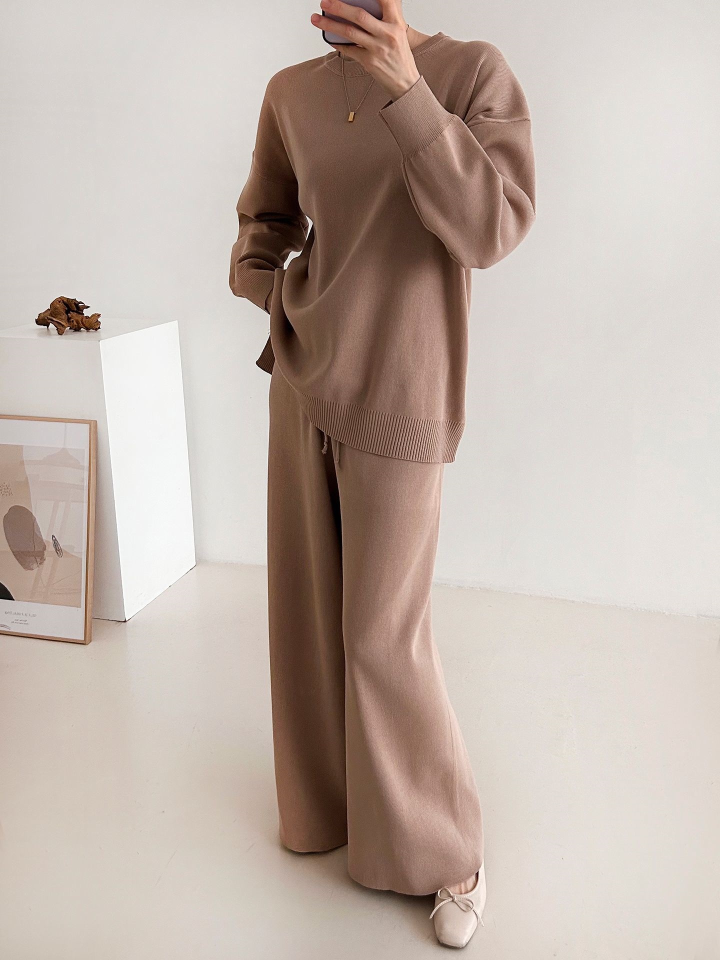 ラウンドネックドローストリングスリットウエストゴムルーズセットアップパンツニット | 詳細画像5