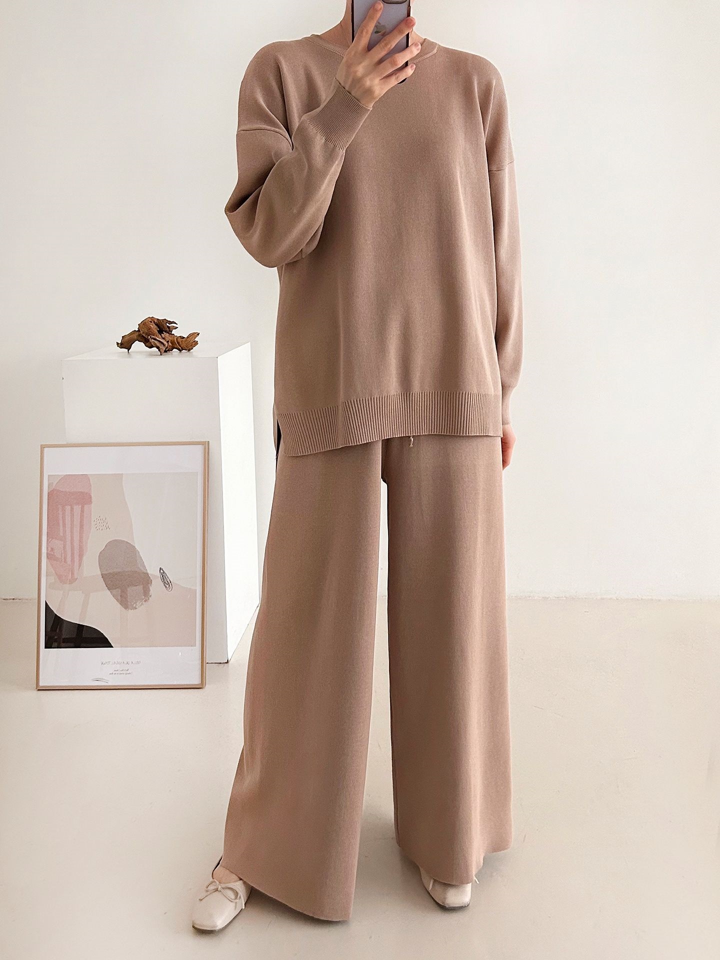 ラウンドネックドローストリングスリットウエストゴムルーズセットアップパンツニット | 詳細画像6