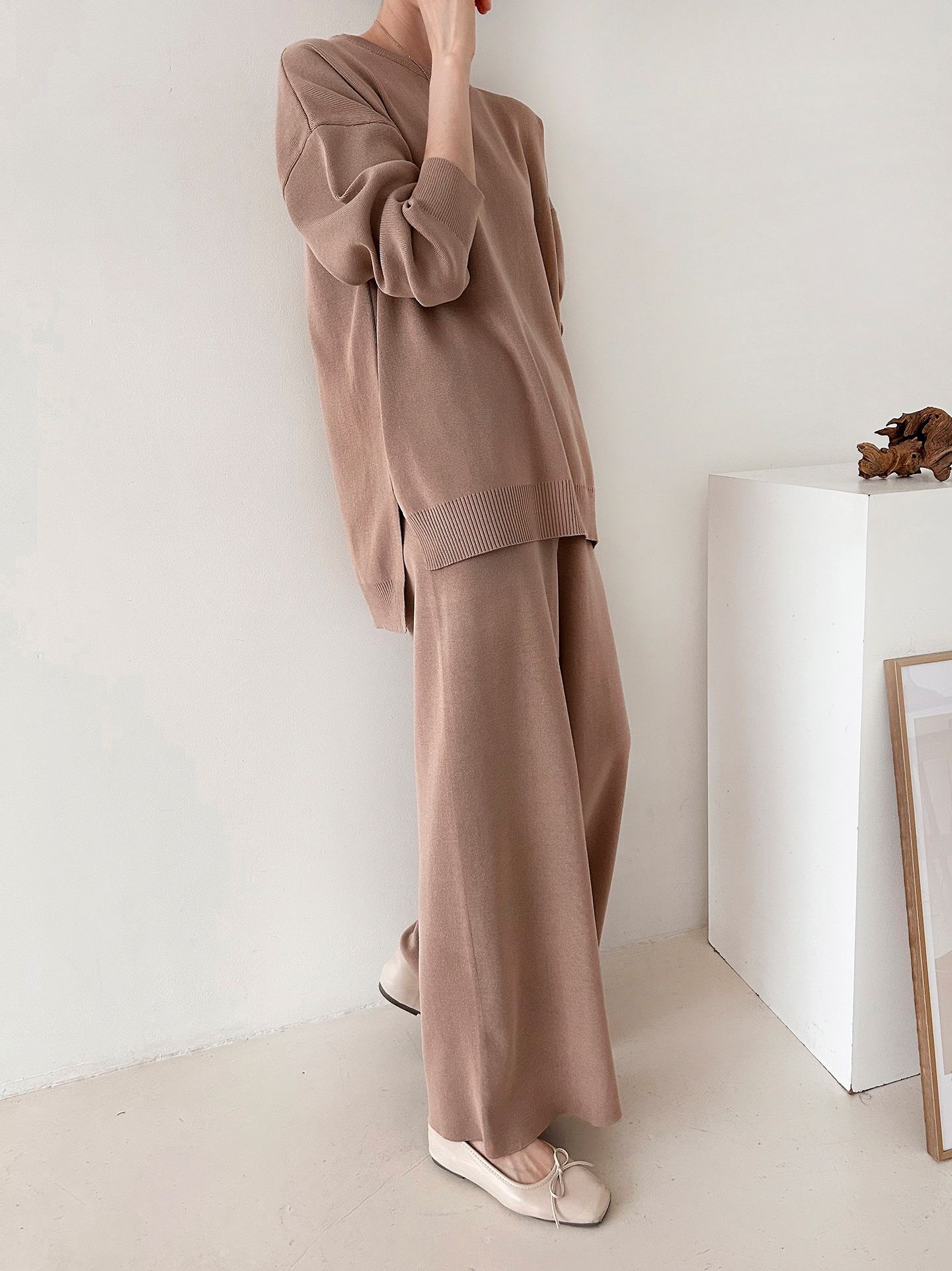 ラウンドネックドローストリングスリットウエストゴムルーズセットアップパンツニット | 詳細画像8