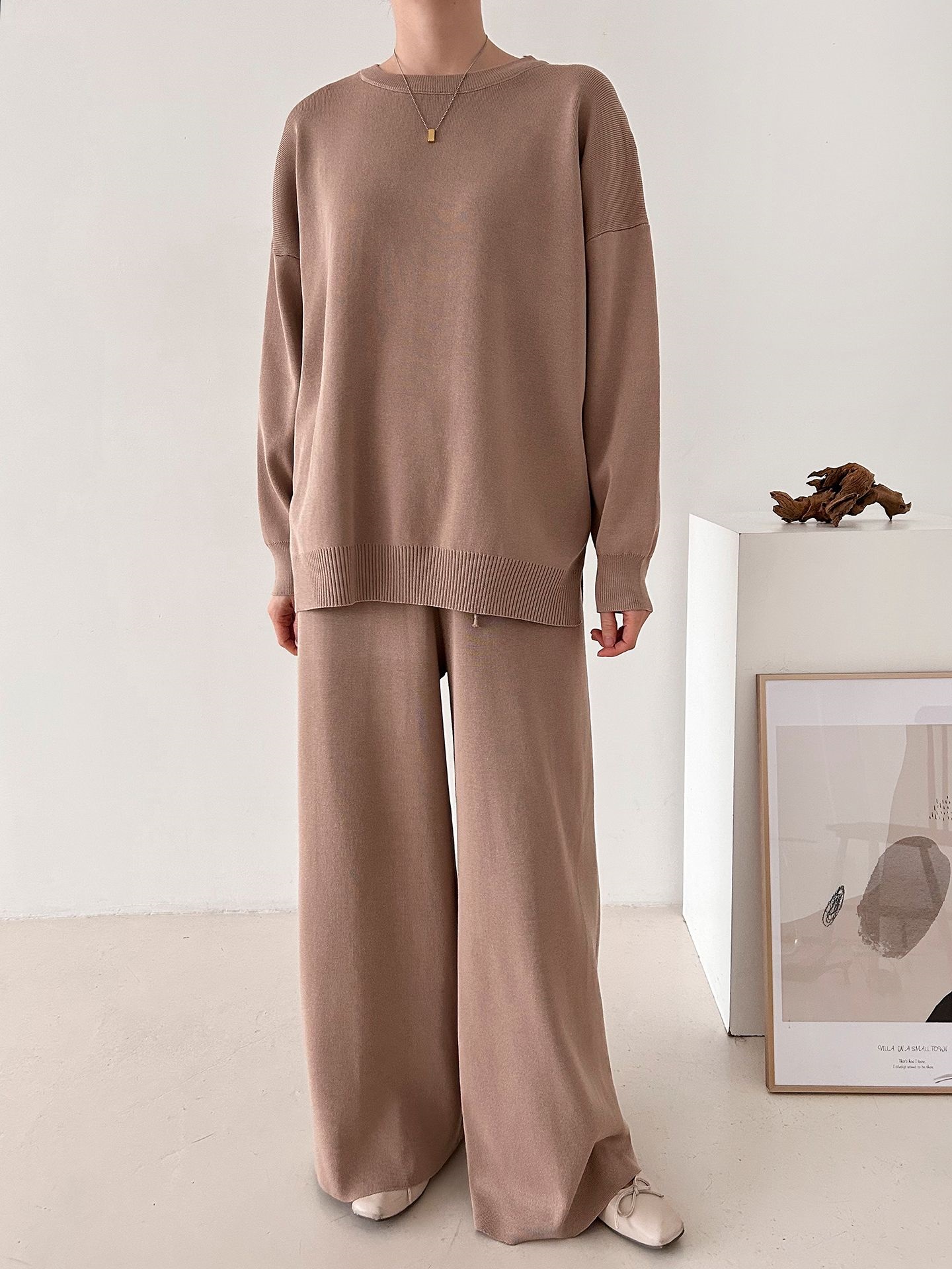 ラウンドネックドローストリングスリットウエストゴムルーズセットアップパンツニット | 詳細画像9