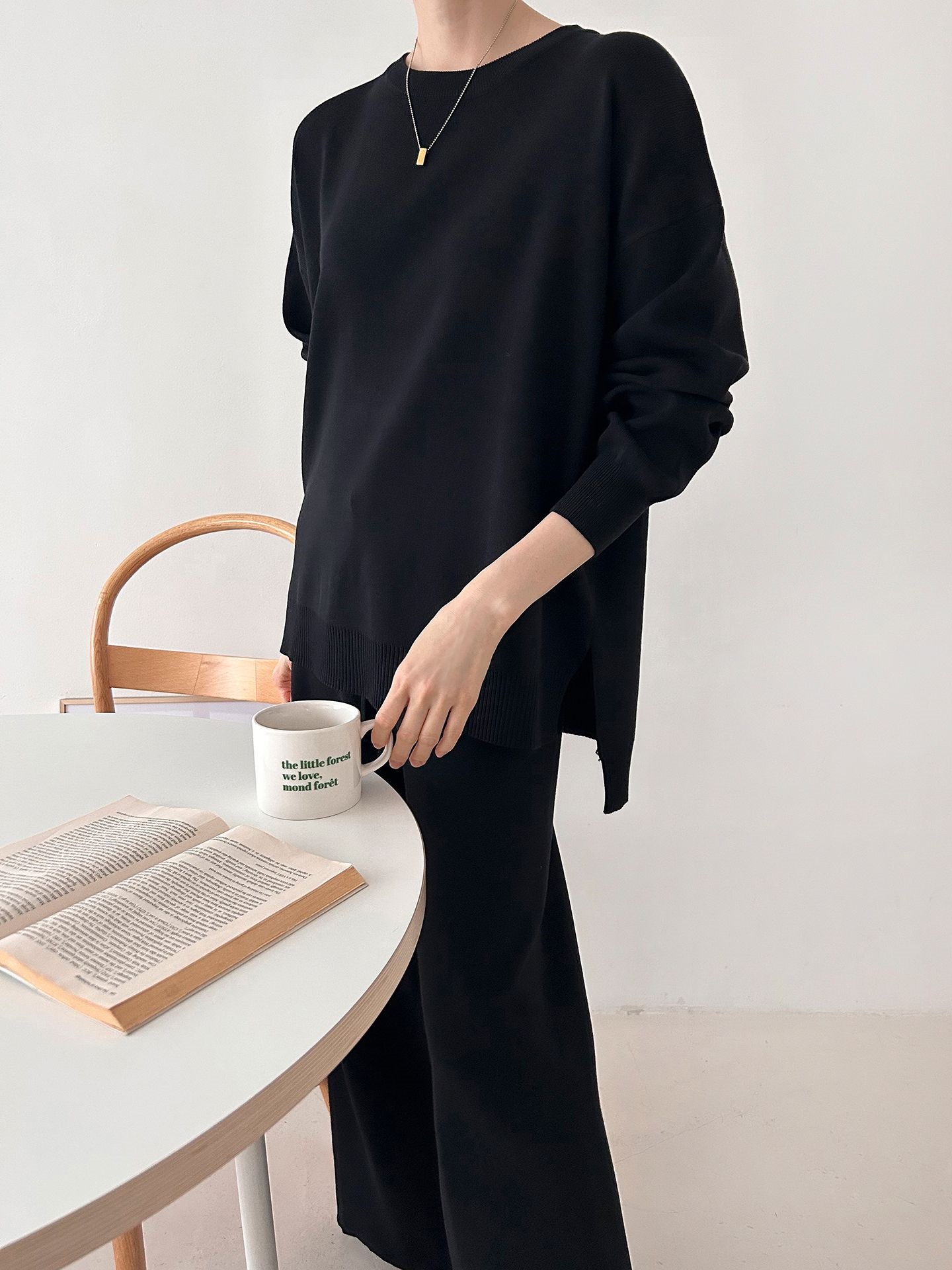 ラウンドネックドローストリングスリットウエストゴムルーズセットアップパンツニット | 詳細画像12