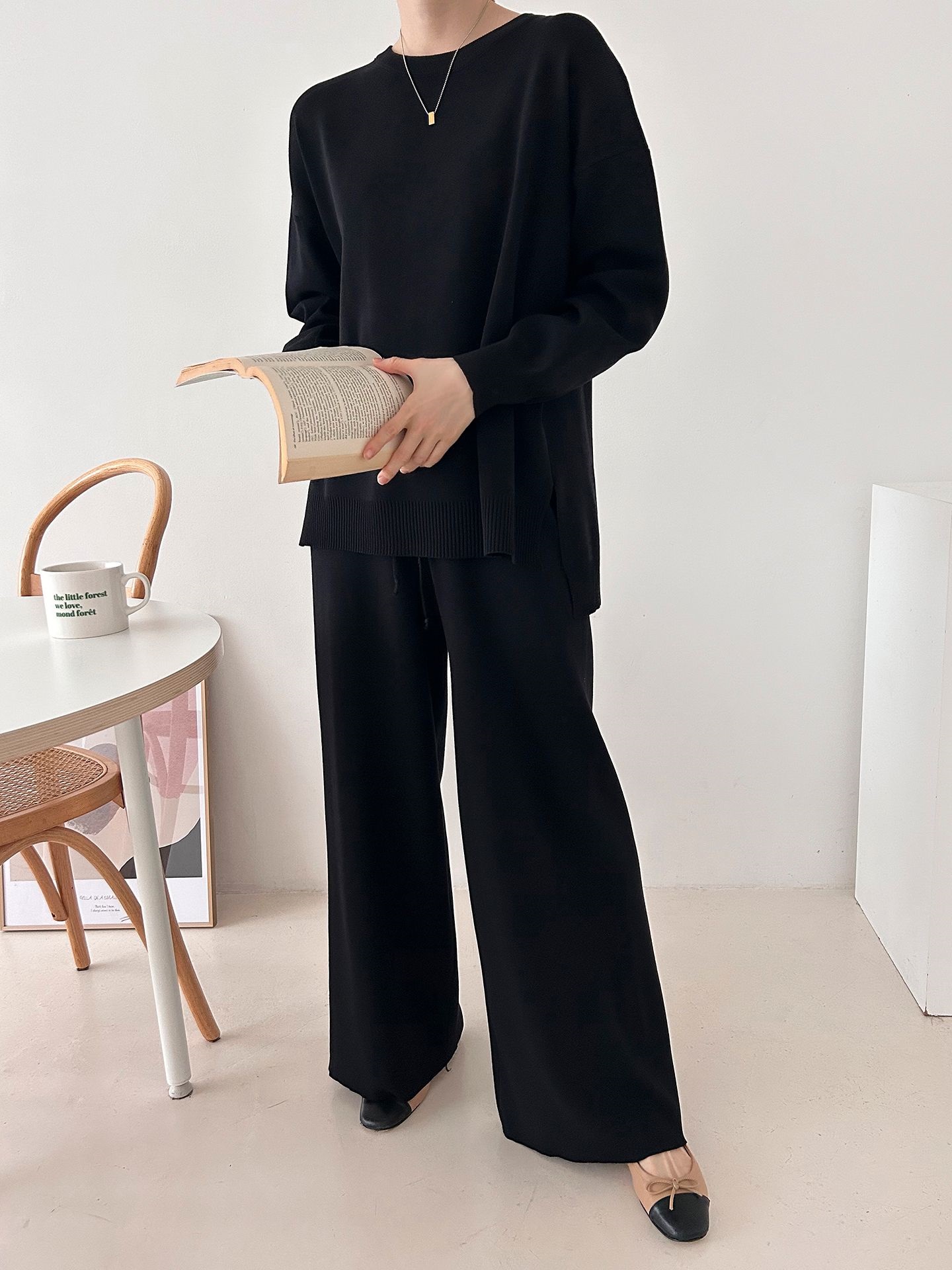 ラウンドネックドローストリングスリットウエストゴムルーズセットアップパンツニット | 詳細画像14