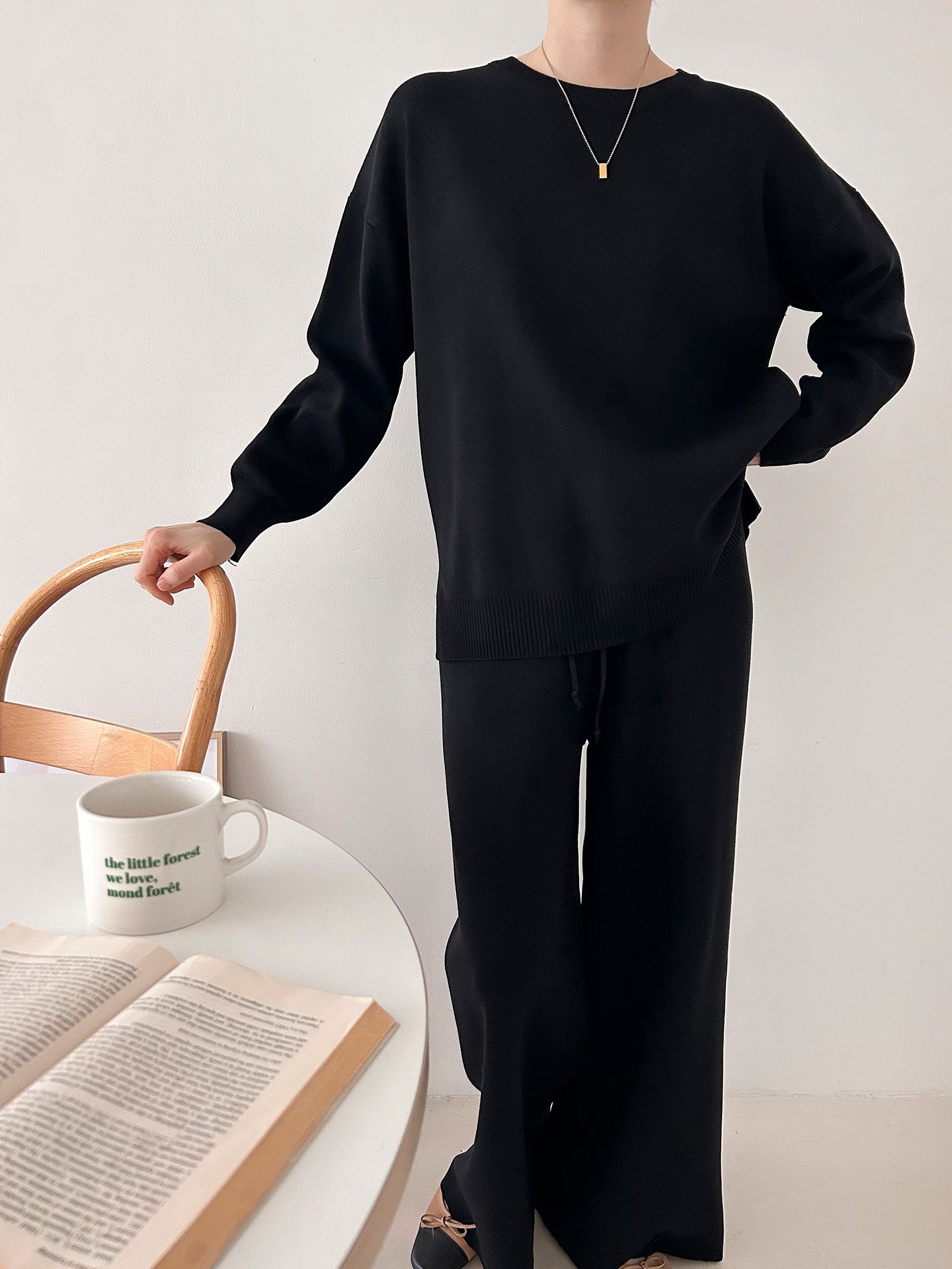 ラウンドネックドローストリングスリットウエストゴムルーズセットアップパンツニット | 詳細画像16