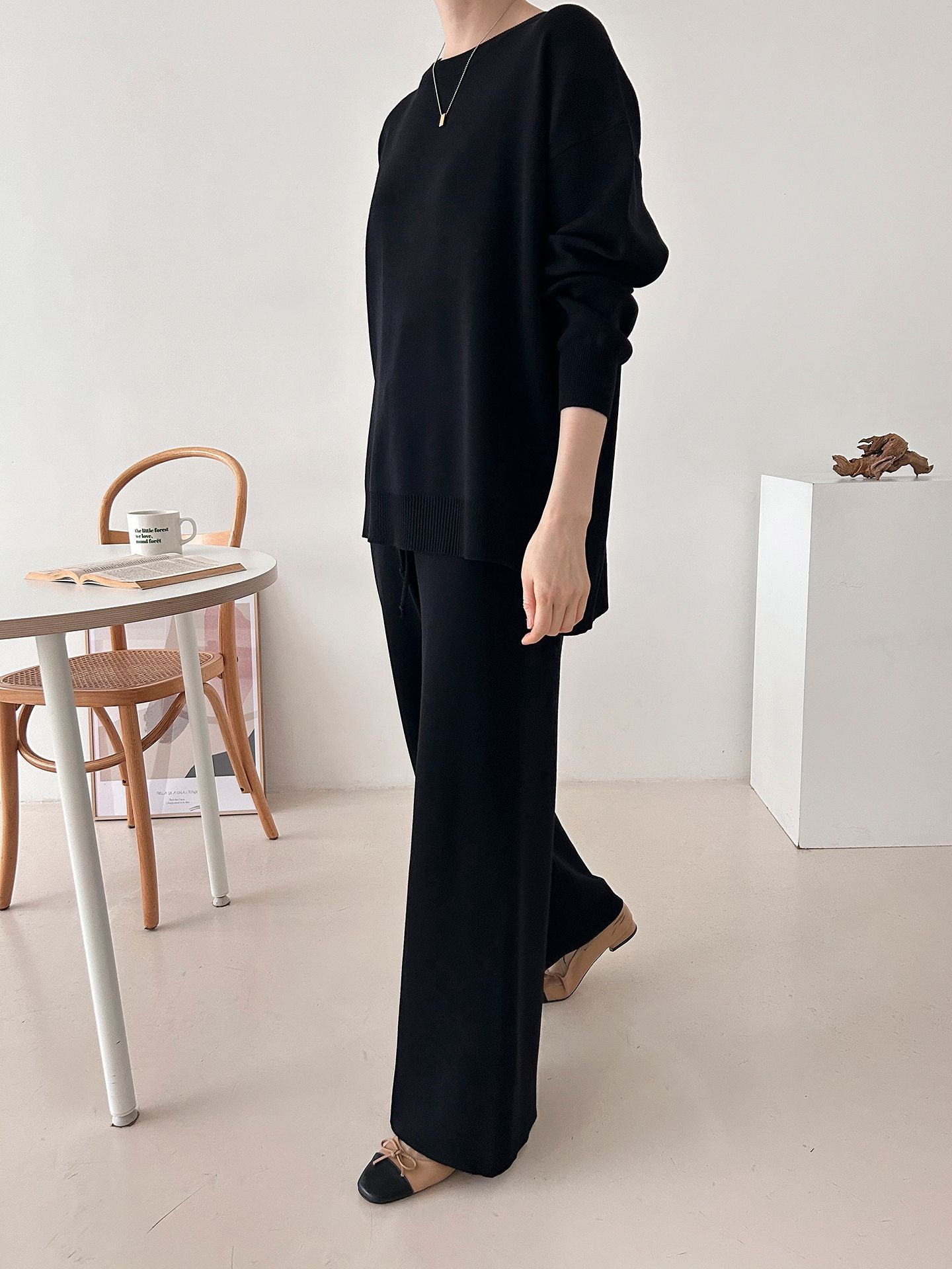 ラウンドネックドローストリングスリットウエストゴムルーズセットアップパンツニット | 詳細画像18