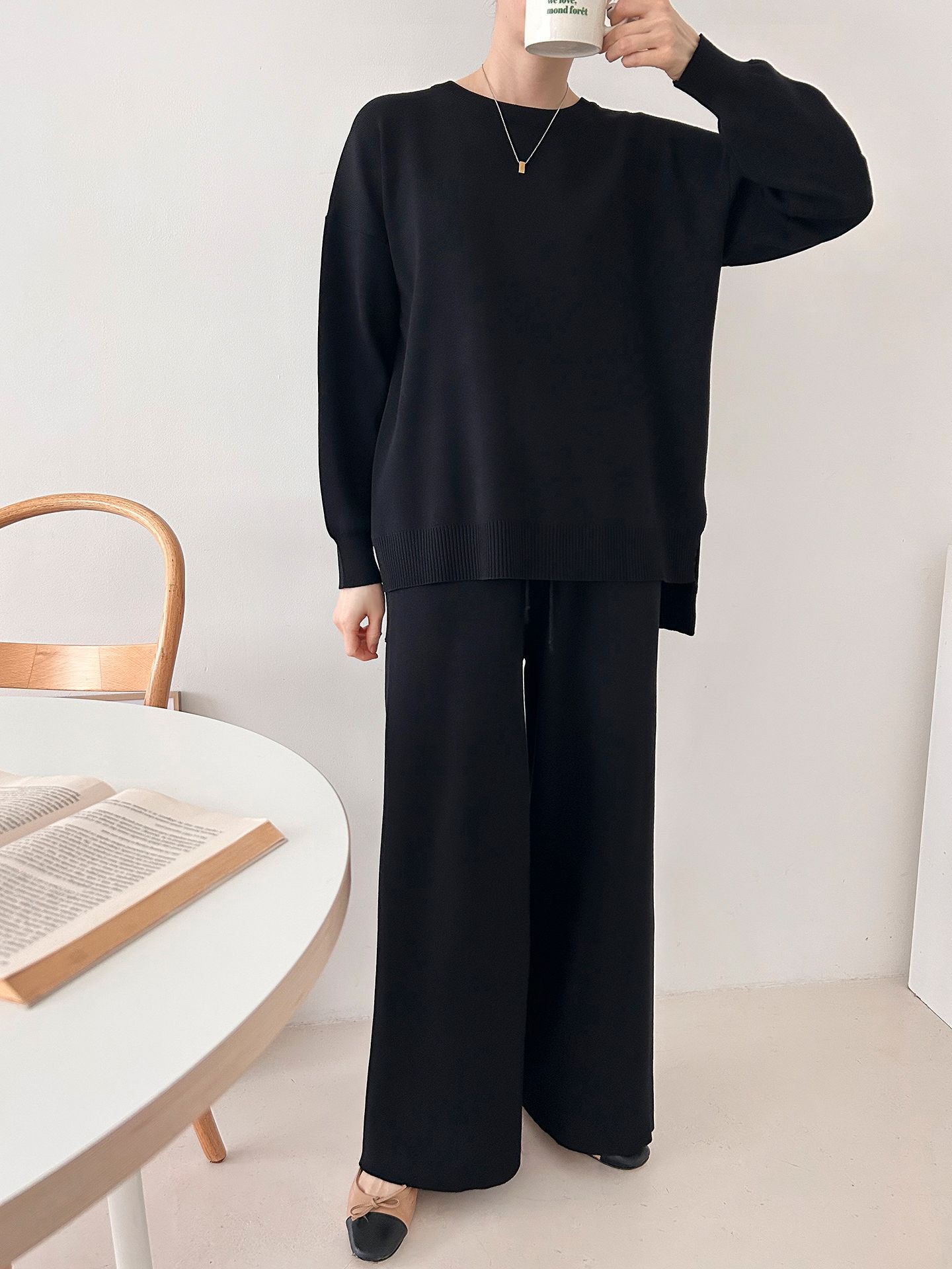 ラウンドネックドローストリングスリットウエストゴムルーズセットアップパンツニット | 詳細画像19