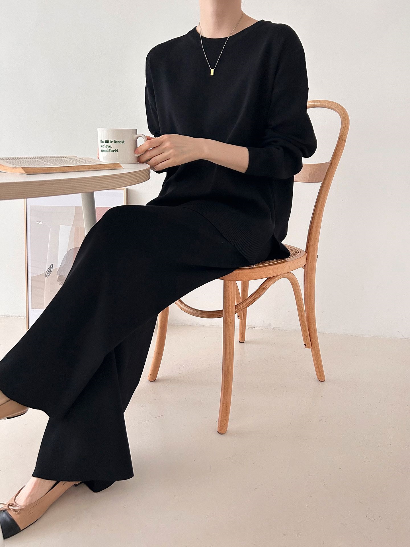 ラウンドネックドローストリングスリットウエストゴムルーズセットアップパンツニット | 詳細画像20