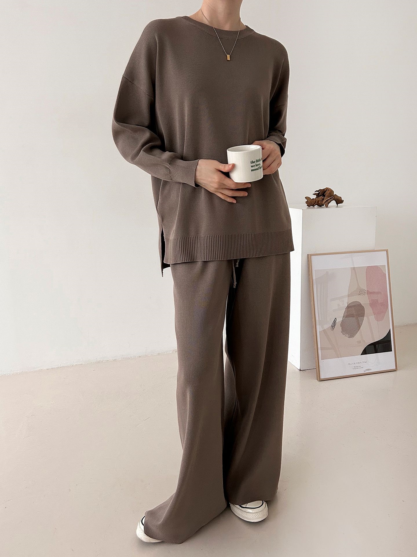 ラウンドネックドローストリングスリットウエストゴムルーズセットアップパンツニット | 詳細画像21