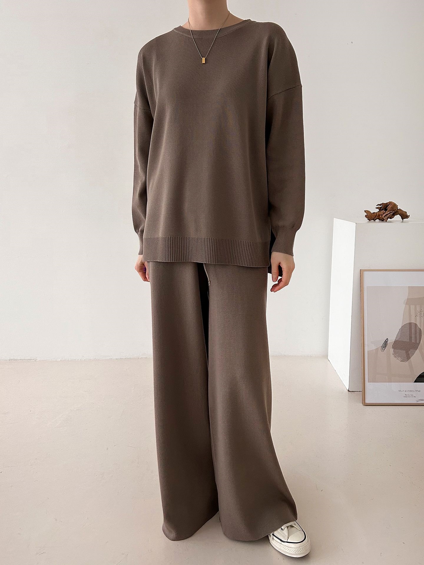 ラウンドネックドローストリングスリットウエストゴムルーズセットアップパンツニット | 詳細画像22