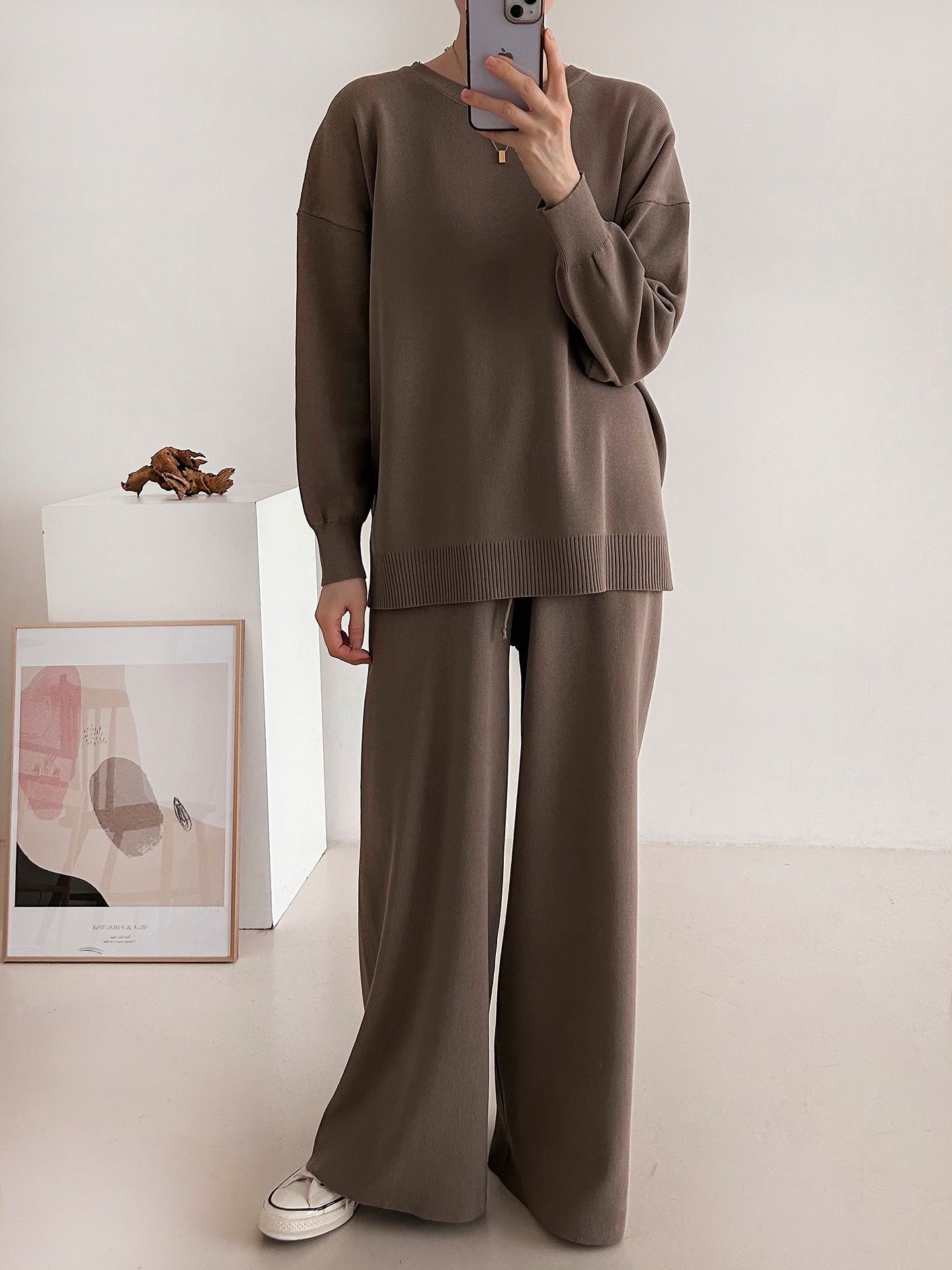 ラウンドネックドローストリングスリットウエストゴムルーズセットアップパンツニット | 詳細画像23