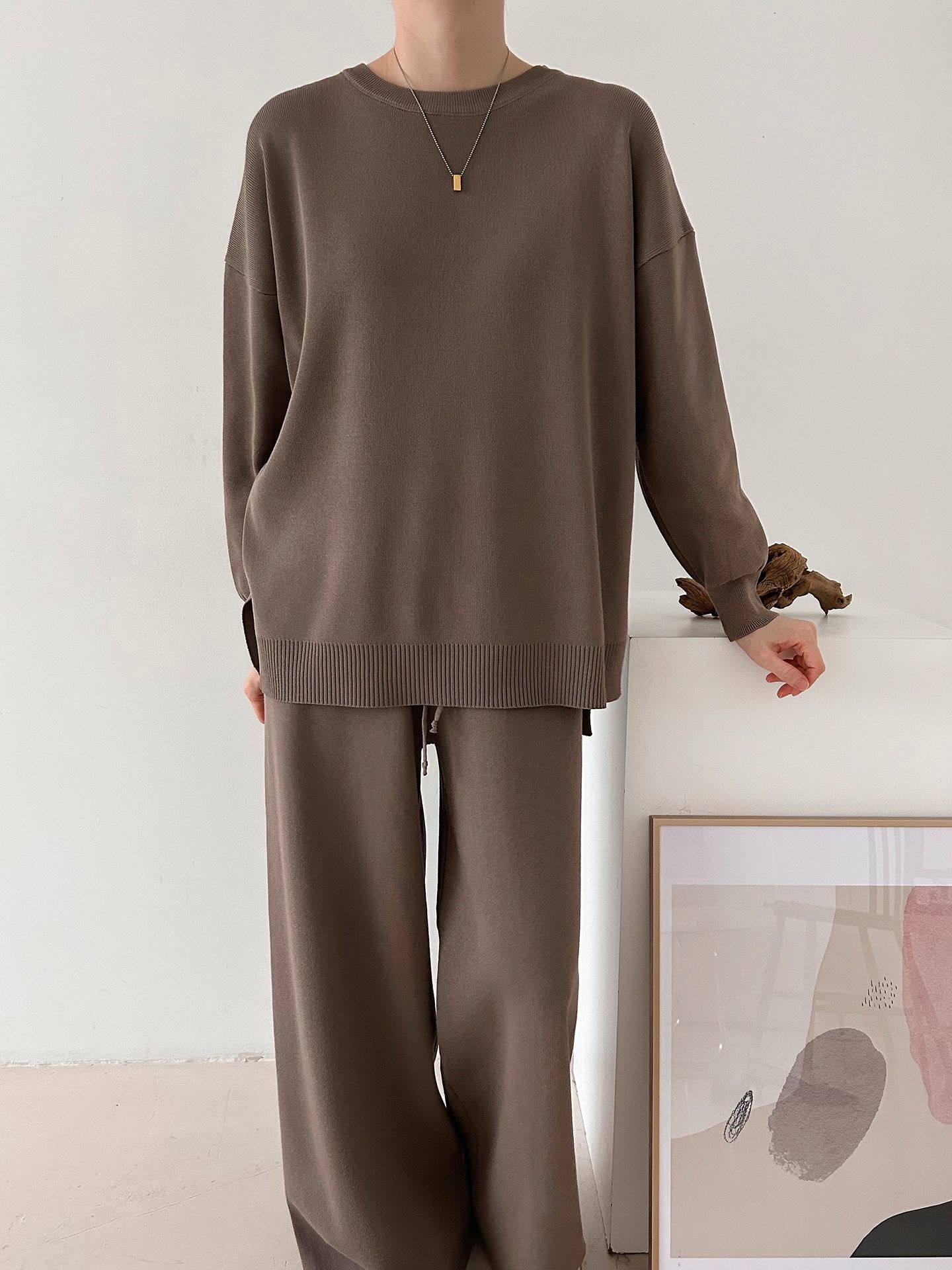 ラウンドネックドローストリングスリットウエストゴムルーズセットアップパンツニット | 詳細画像25