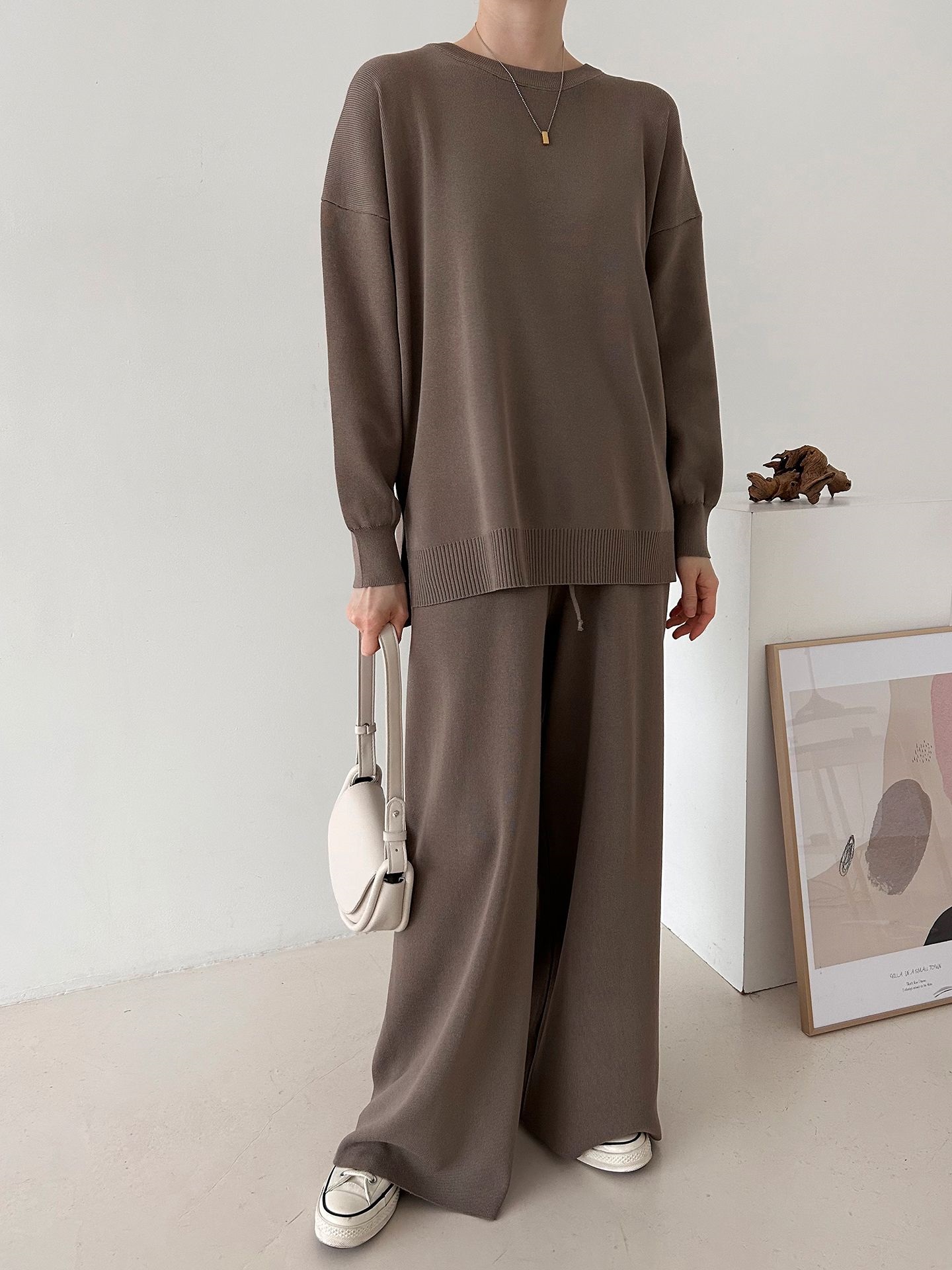 ラウンドネックドローストリングスリットウエストゴムルーズセットアップパンツニット | 詳細画像28