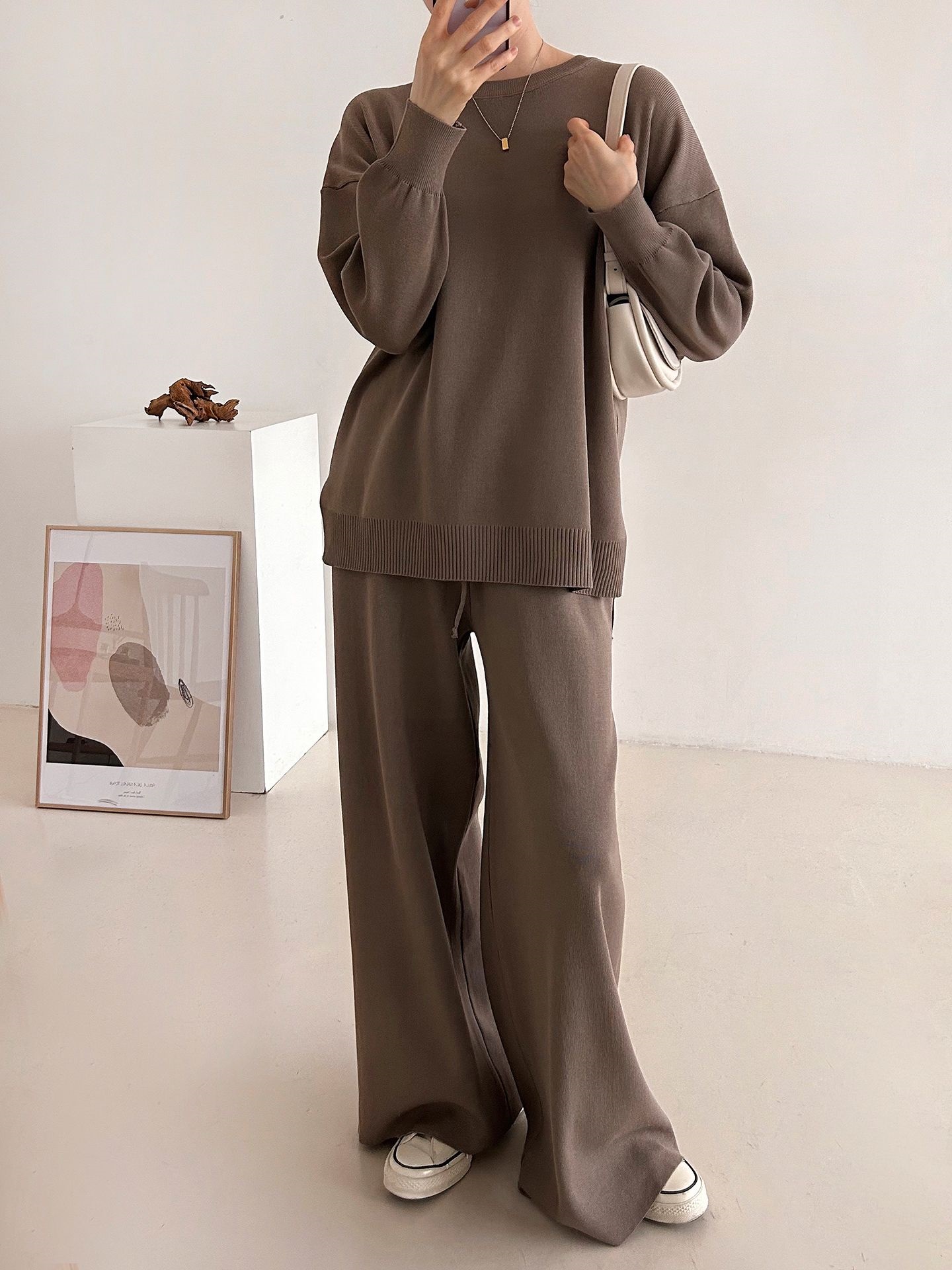 ラウンドネックドローストリングスリットウエストゴムルーズセットアップパンツニット | 詳細画像34