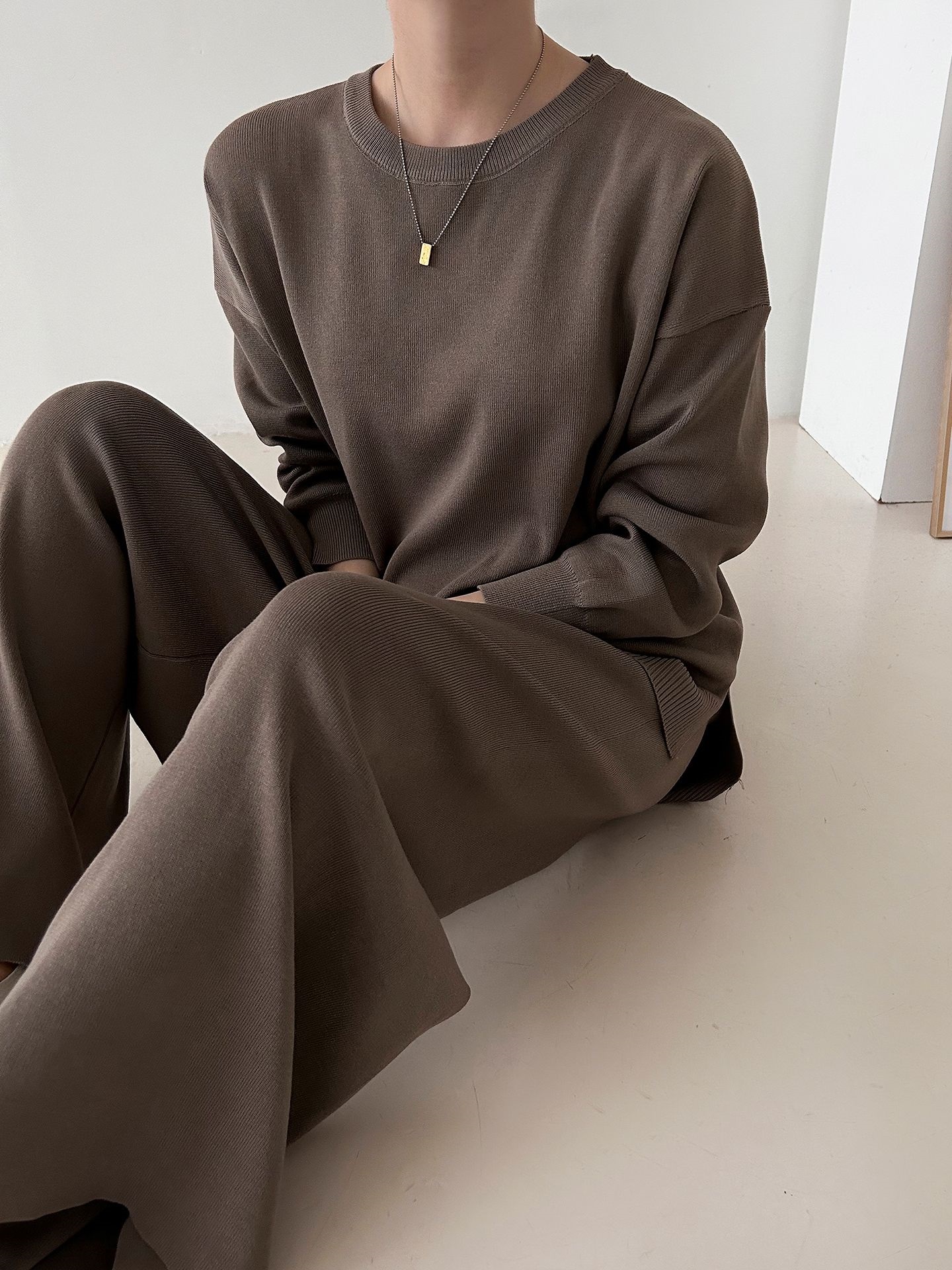 ラウンドネックドローストリングスリットウエストゴムルーズセットアップパンツニット | 詳細画像35