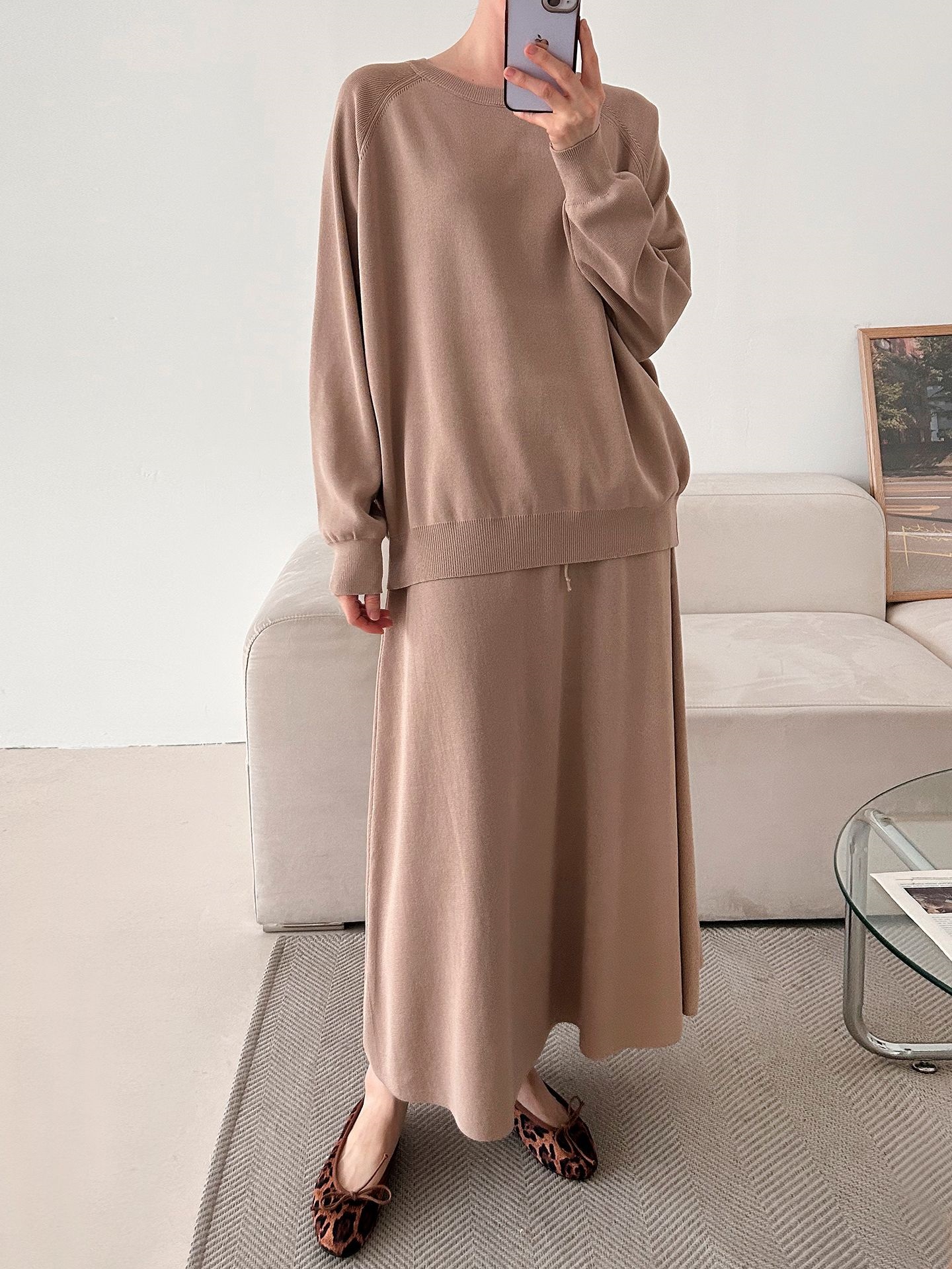 ラウンドネックウエストゴムラグランロングルーズセットアップスカートニット | 詳細画像3