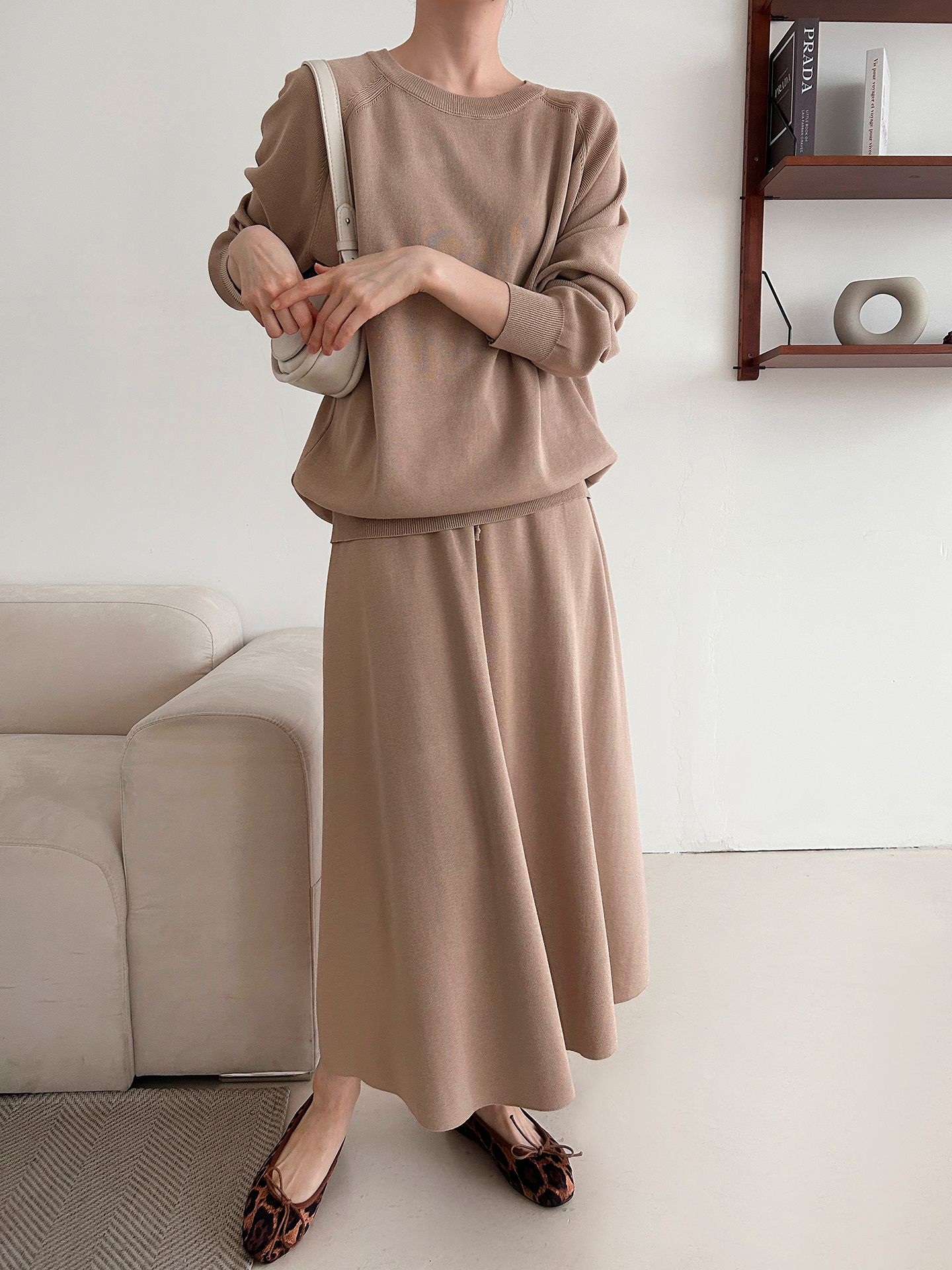 ラウンドネックウエストゴムラグランロングルーズセットアップスカートニット | 詳細画像4