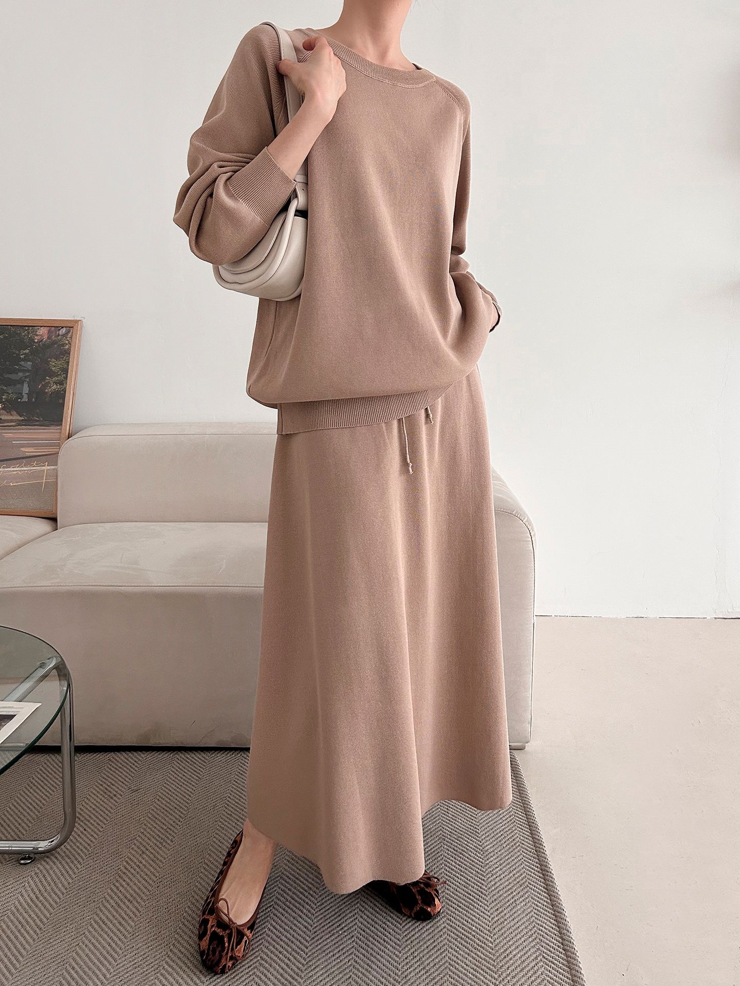 ラウンドネックウエストゴムラグランロングルーズセットアップスカートニット | 詳細画像5