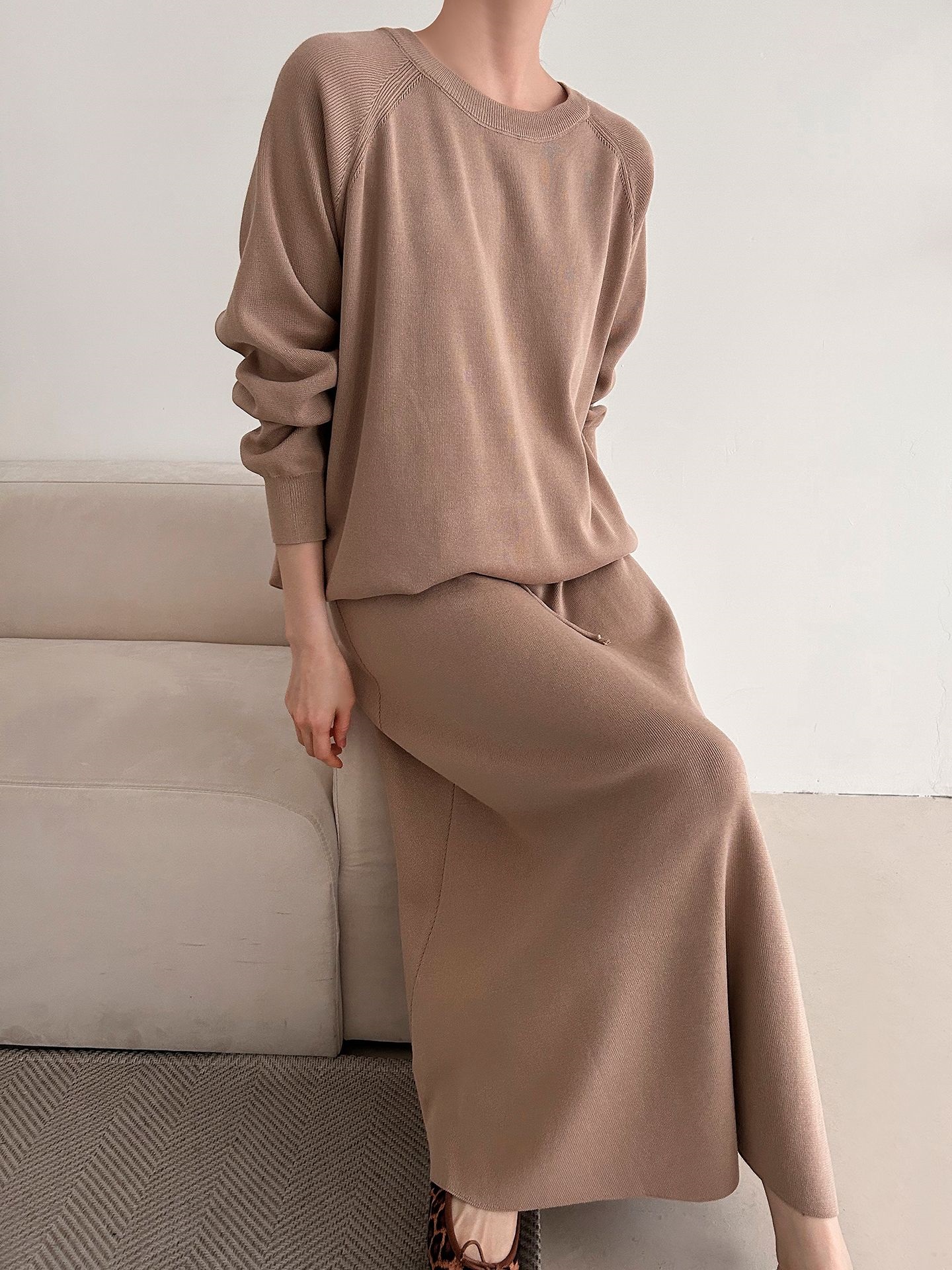 ラウンドネックウエストゴムラグランロングルーズセットアップスカートニット | 詳細画像6