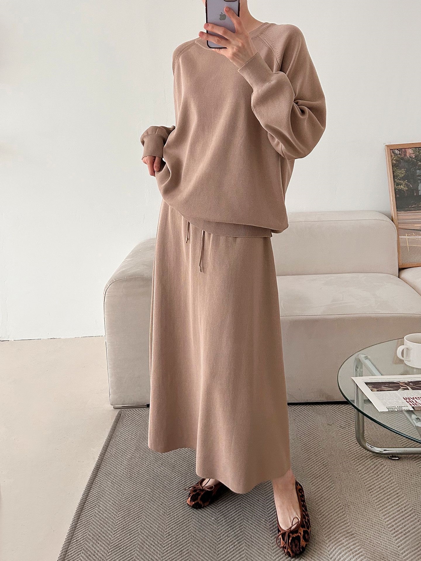 ラウンドネックウエストゴムラグランロングルーズセットアップスカートニット | 詳細画像9