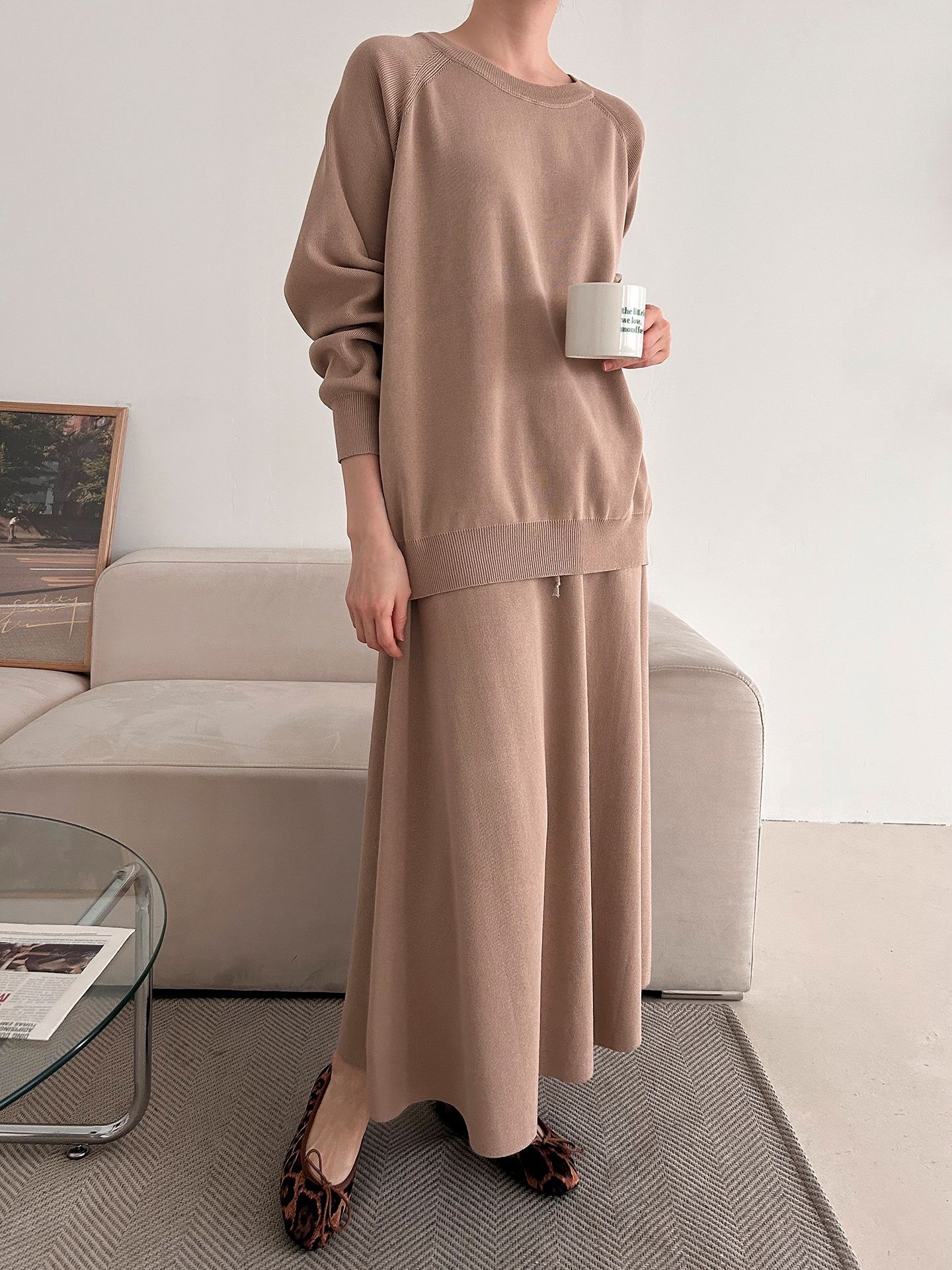 ラウンドネックウエストゴムラグランロングルーズセットアップスカートニット | 詳細画像8