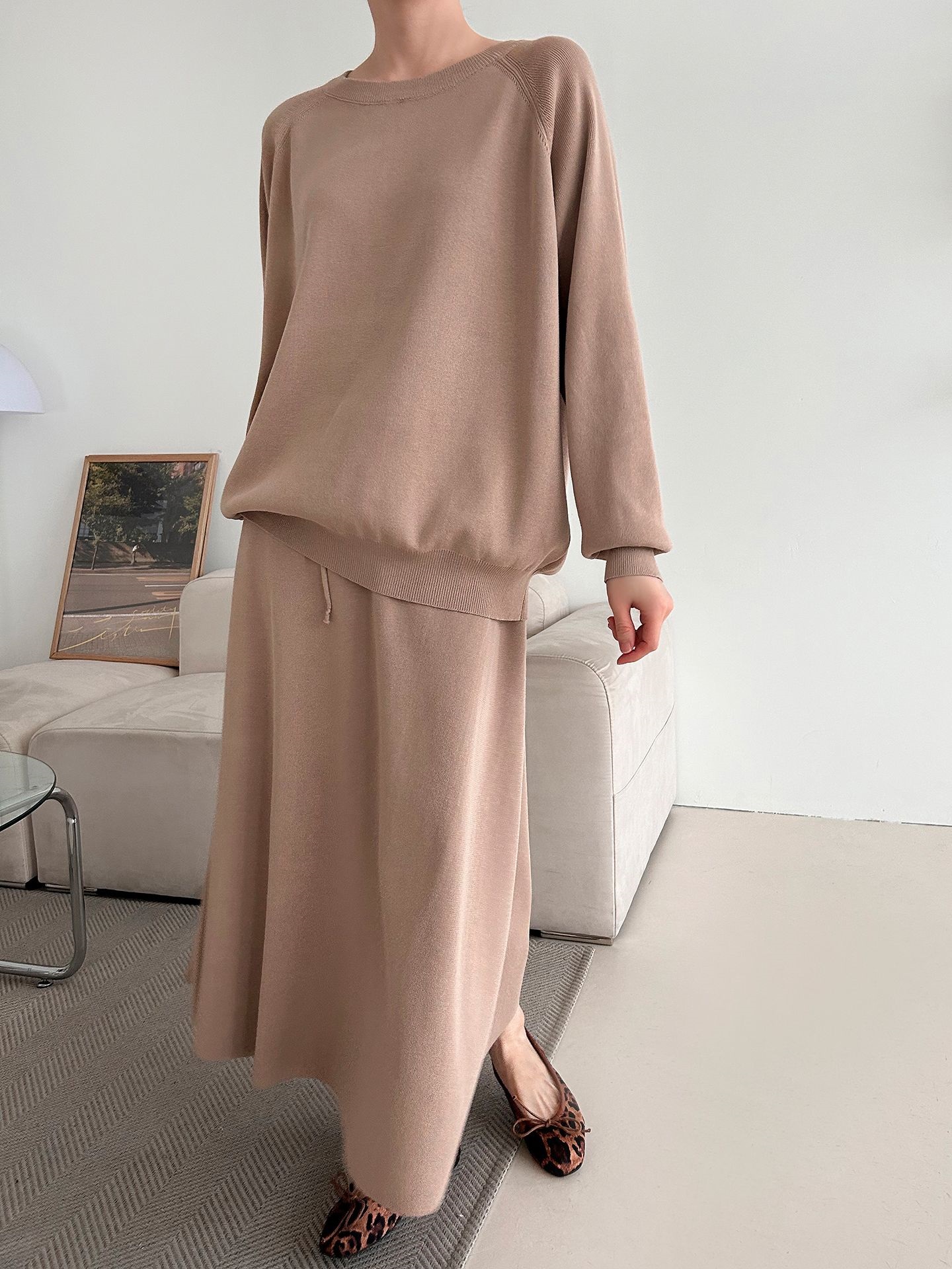 ラウンドネックウエストゴムラグランロングルーズセットアップスカートニット | 詳細画像10