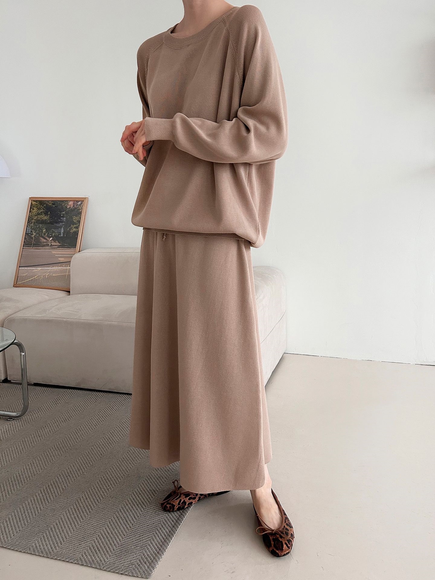 ラウンドネックウエストゴムラグランロングルーズセットアップスカートニット | 詳細画像11