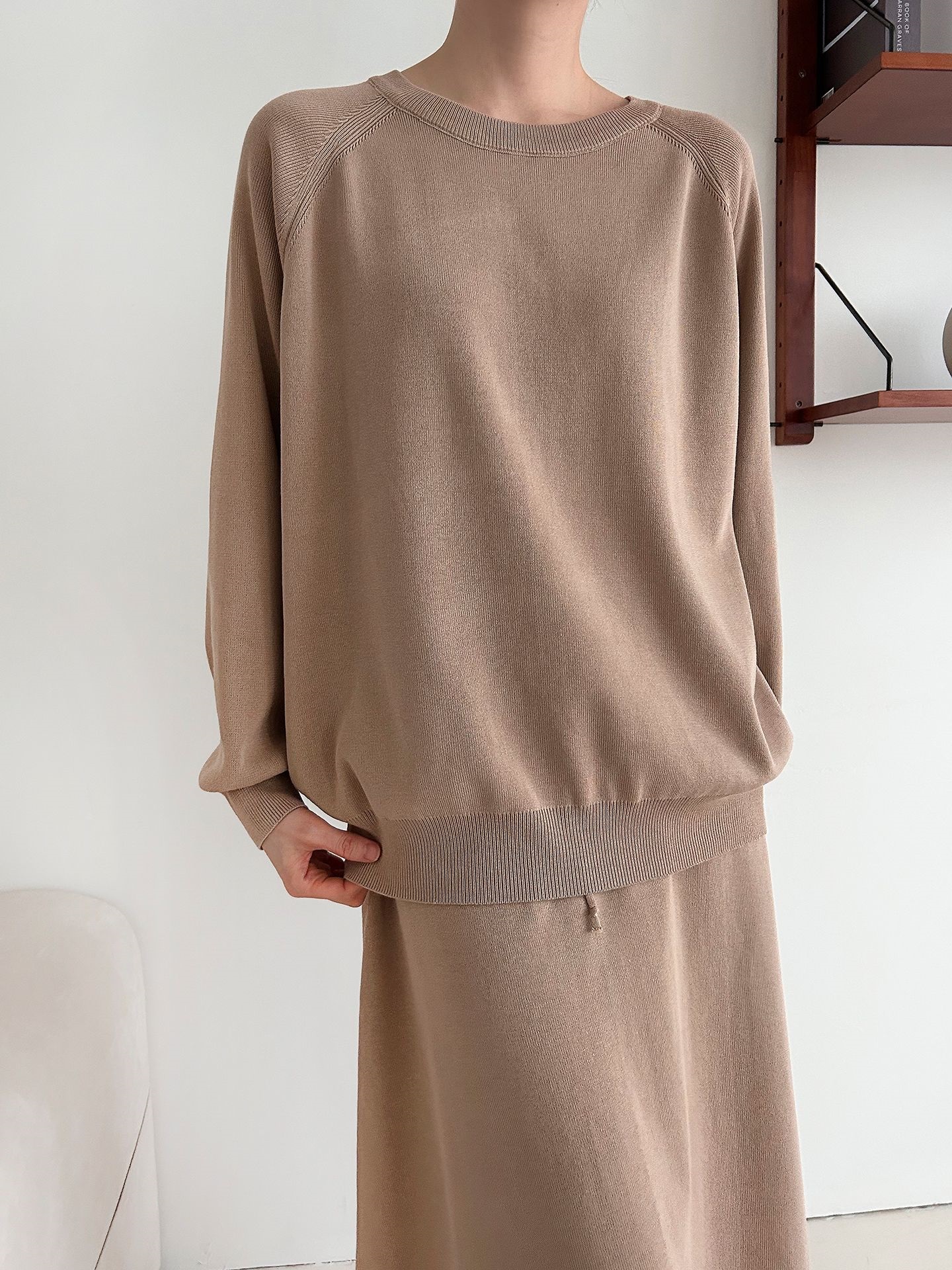 ラウンドネックウエストゴムラグランロングルーズセットアップスカートニット | 詳細画像14